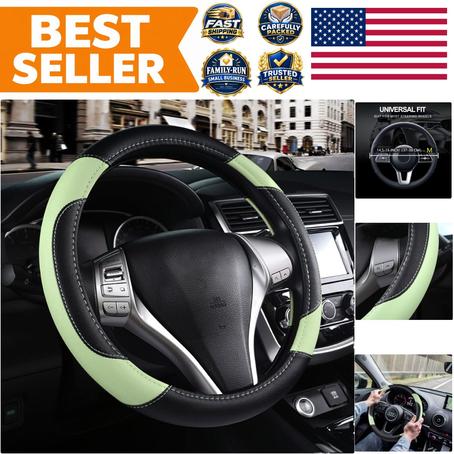 Leather Car Steering Wheel Cover, Universal Fit for Most Cars, Green