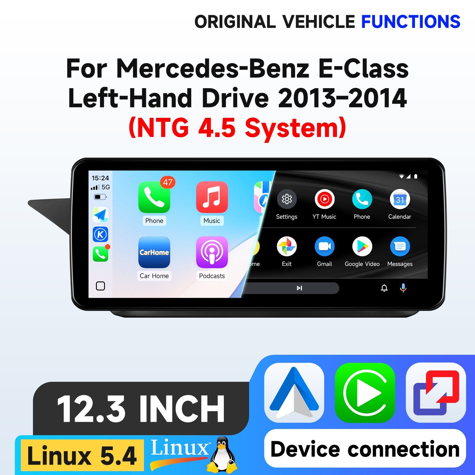 Ultra Thin 12.3''Wireless Carplay Touchscreen For Mercedes E Class W212 NTG 4.5