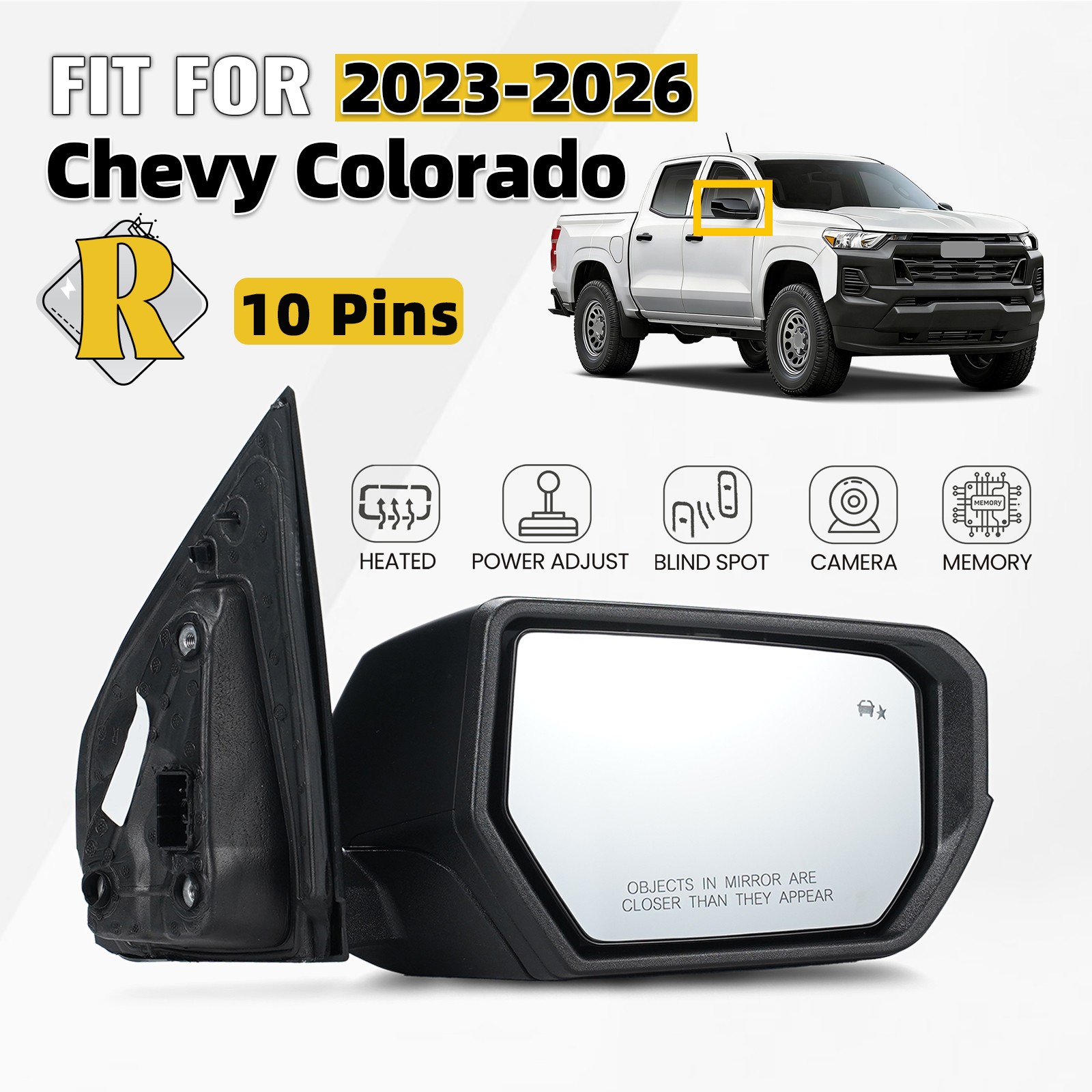 Right Side Mirror For 2023-2026 Chevrolet Colorado W/BSD &Camera &Memory 10 Pins