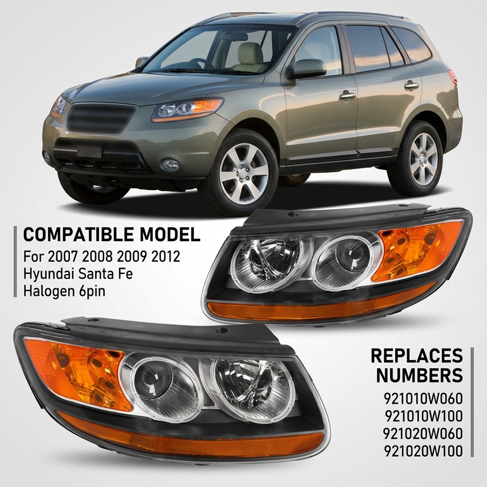 Headlight For 2007-2012 Hyundai Santa Fe Halogen Black Amber Headlamp 2pcs 6pin