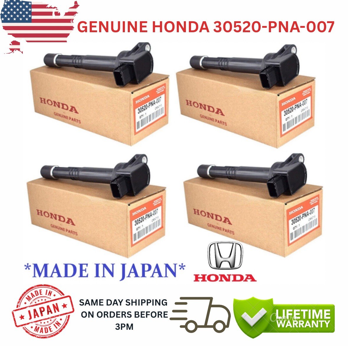 OEM DENSO x4 Ignition Coils For 2002-2011 Honda 2.0L I4 2.4L I4, 30520-PNA-007