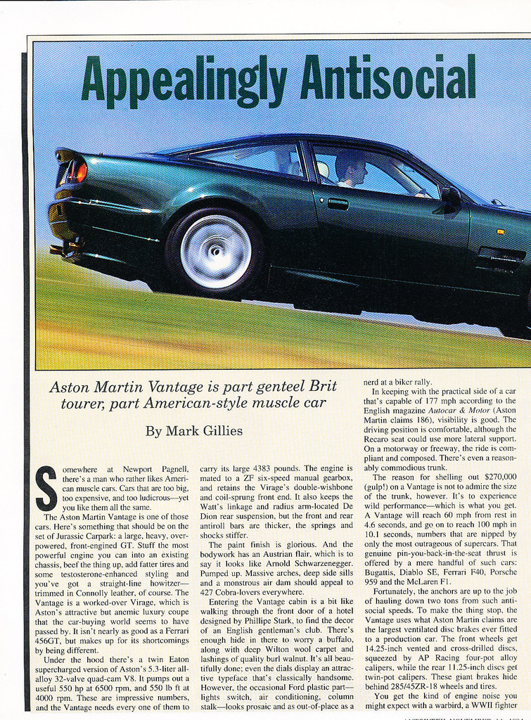 1994 Aston Martin Vantage - Car Original Print Article J199 1994 Aston Martin Vantage - Car Original Print Article J199