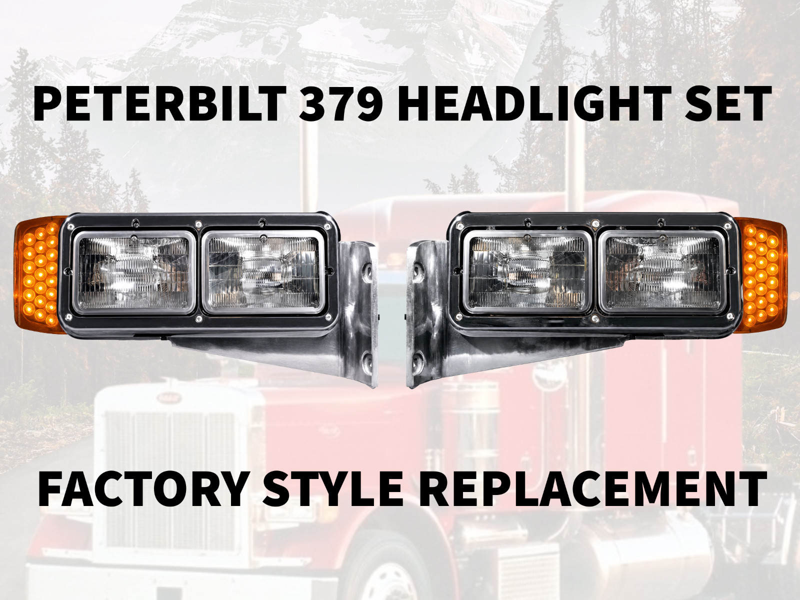 Peterbilt 379 Aluminum Headlight LH RH Set OE Style Turn Signal Marker Lights