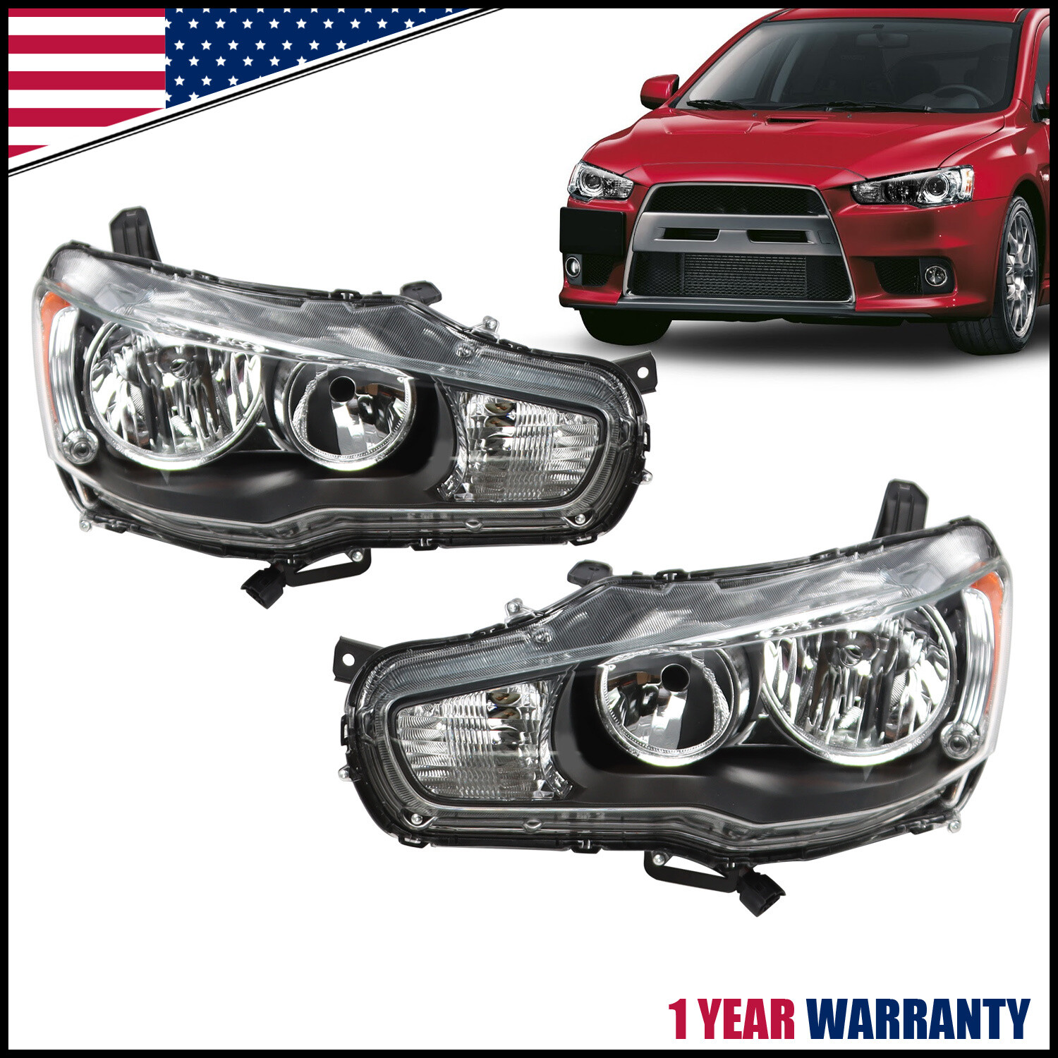 For 2008-2017 Mitsubishi Lancer EVO X Headlights Headlamps Halogen Left+Right