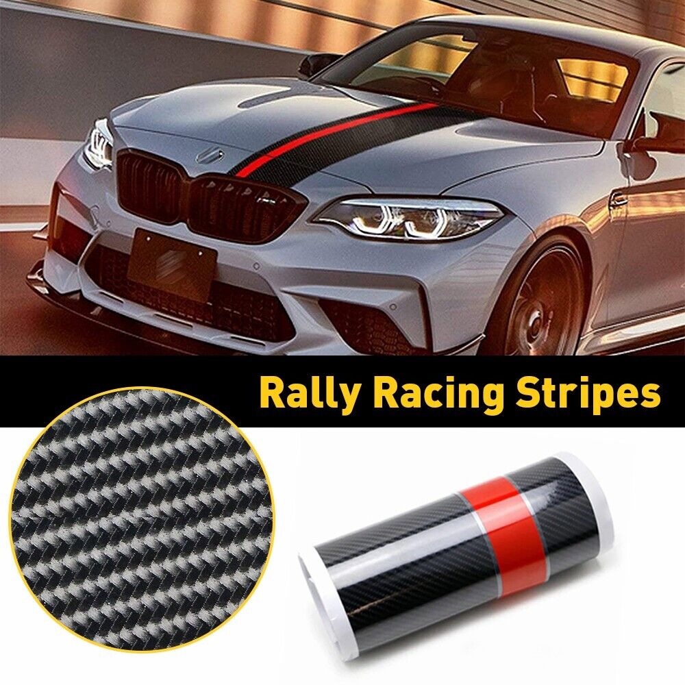 Car Rally Racing Stripes Front Hood 5D Carbon Fiber + red Decal Wrap Sticker