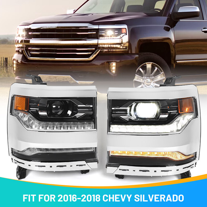 Pair Chrome Full LED DRL Headlights For 2016-2018 Chevy Silverado 1500 LH RH