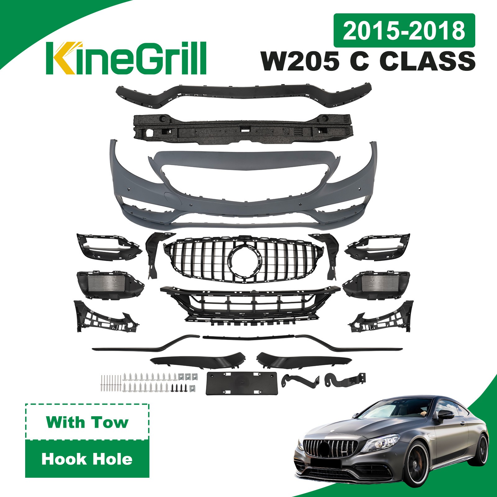 For 15-18 W205 C Class Upgrade to C63 AMG Style Front Bumper Kit W/ Camera Hole For 15-18 W205 C Class Upgrade to C63 AMG Style Front Bumper Kit W/ Camera Hole