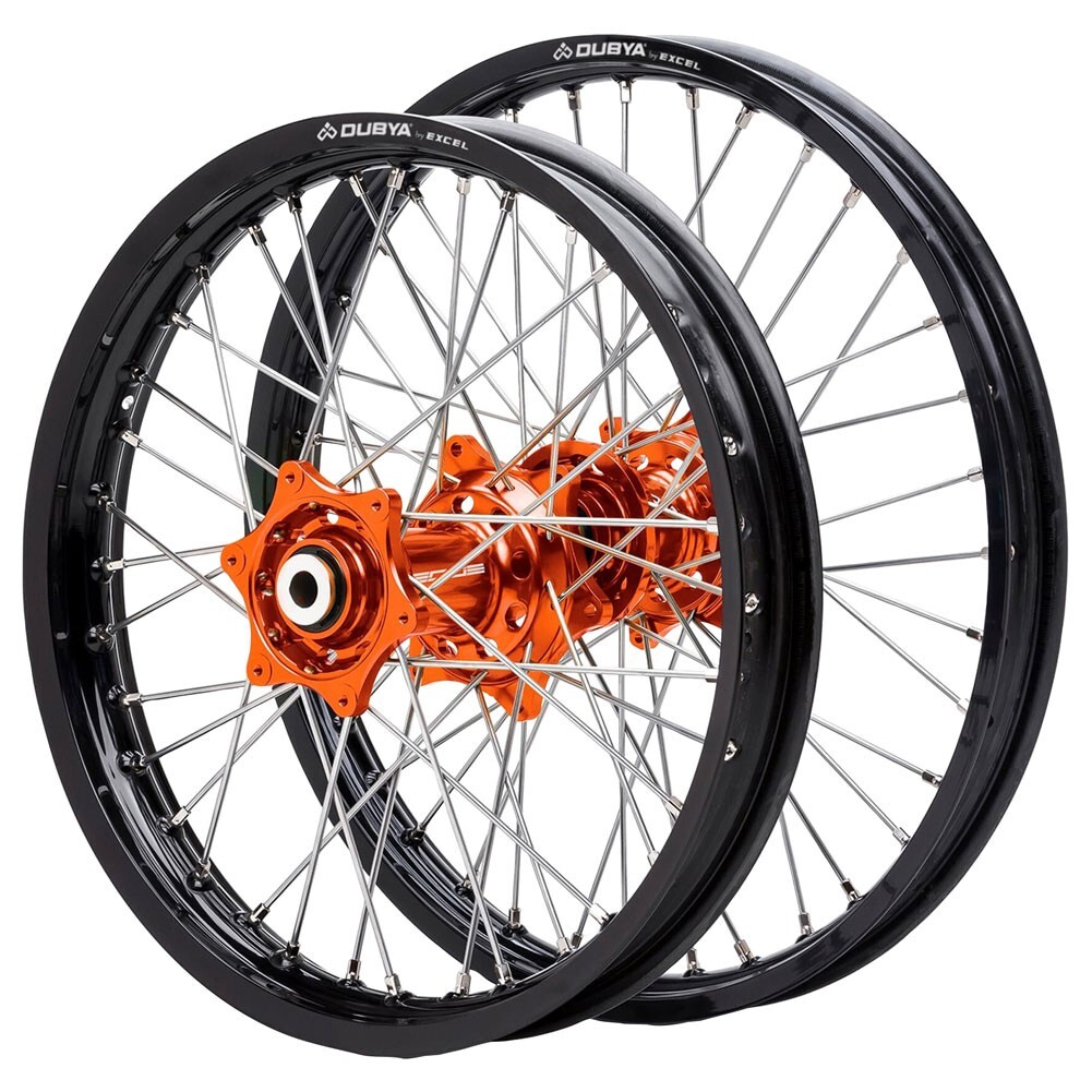 Dubya Edge Complete Front/Rear Wheel Set 1.60x 21/ 2.15x 19 Black Rim/Orange Hub Dubya Edge Complete Front/Rear Wheel Set 1.60x 21/ 2.15x 19 Black Rim/Orange Hub