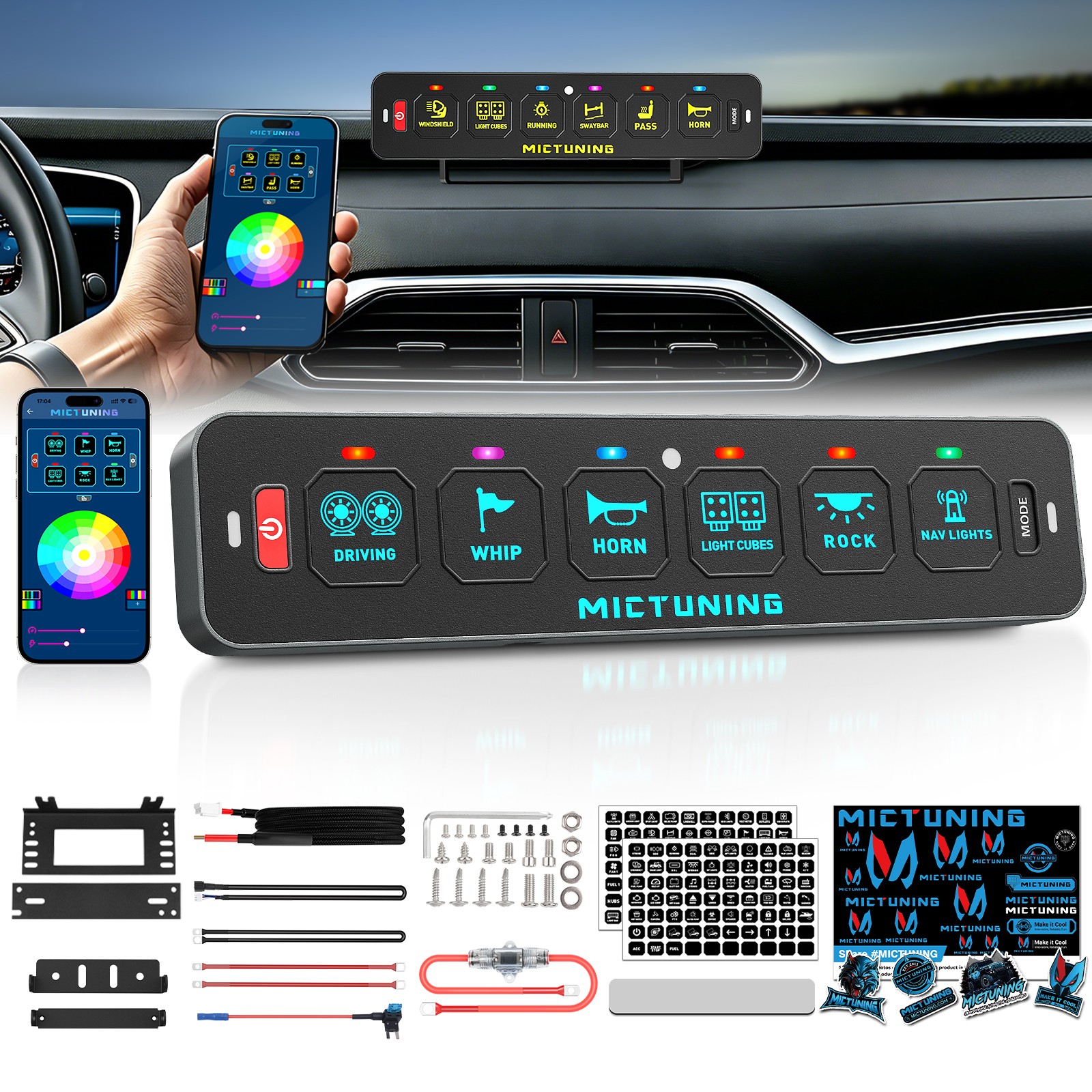 6 Gang RGB Switch Panel On/Off LED Light Circuit Relay System Kit 12V/24V Marine