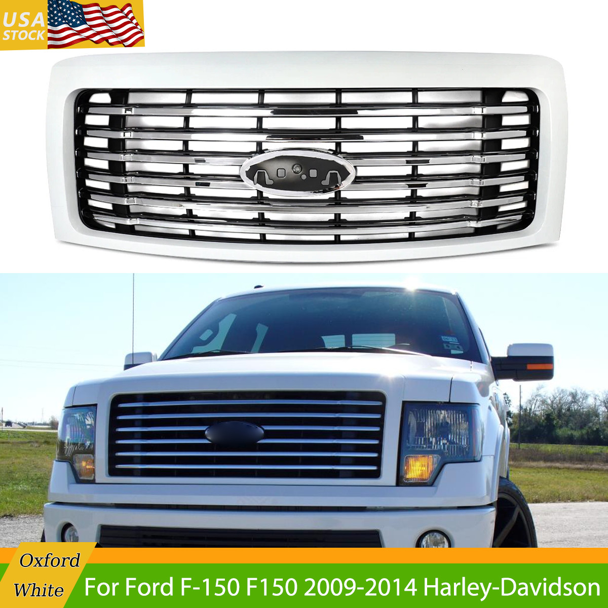 Chrome Oxford White Grille For 2009-14 Ford F150 Lariat STX Harley-Davidson FX4
