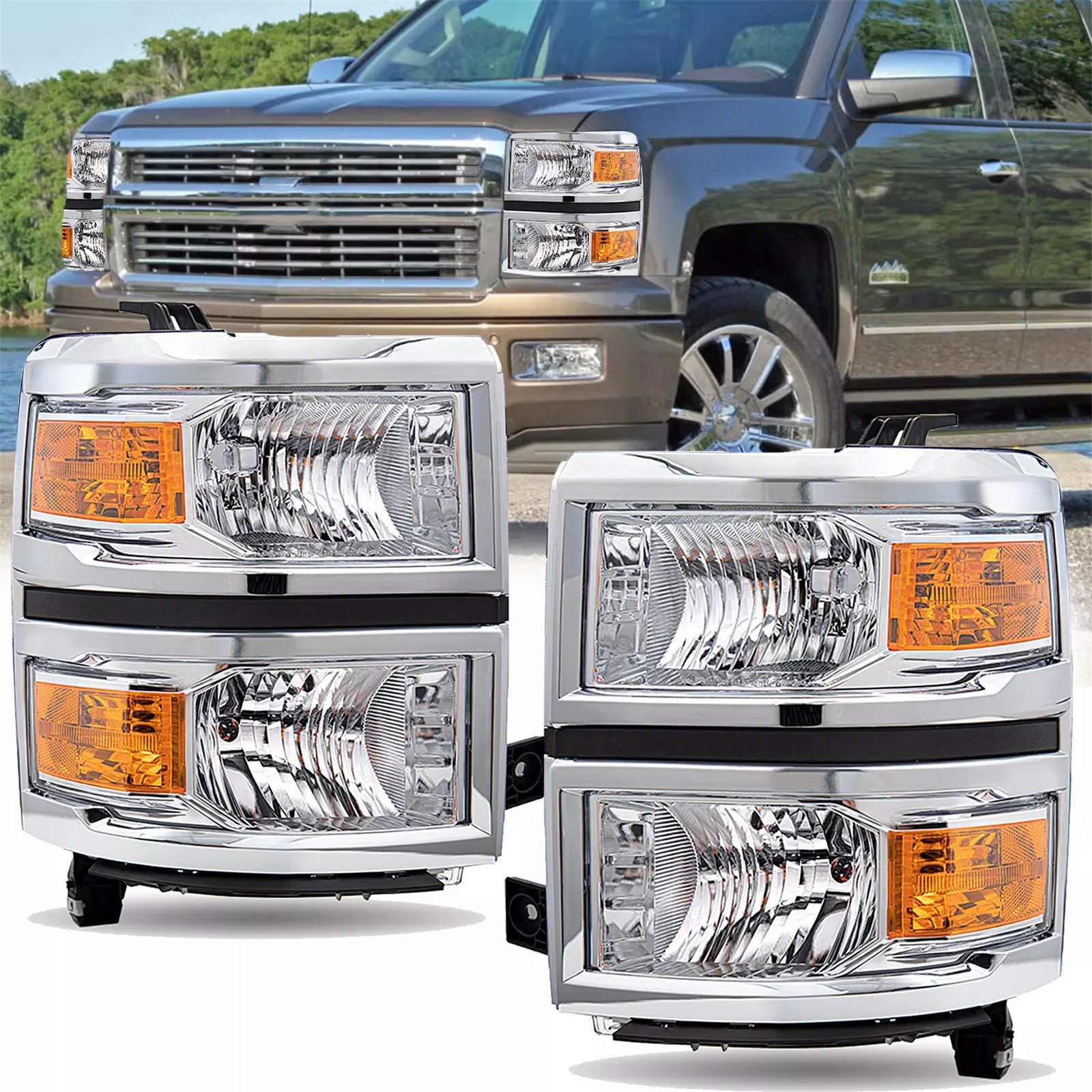 For 2014-2015 Chevy Silverado 1500 Chrome Pair Headlights Headlamps Left + Right For 2014-2015 Chevy Silverado 1500 Chrome Pair Headlights Headlamps Left + Right