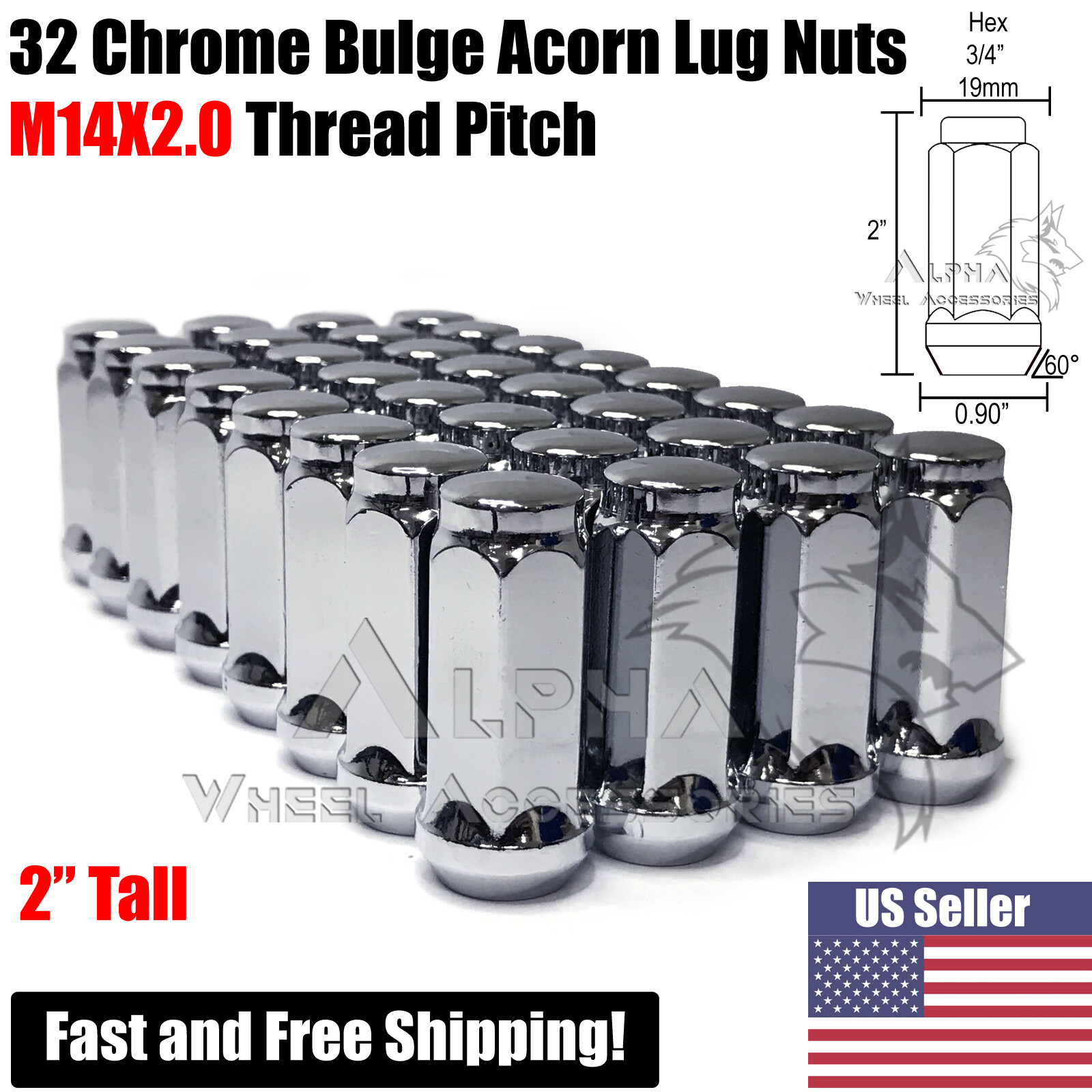 32 Chrome Bulge Acorn Lug Nuts 2\ 32 Chrome Bulge Acorn Lug Nuts 2\