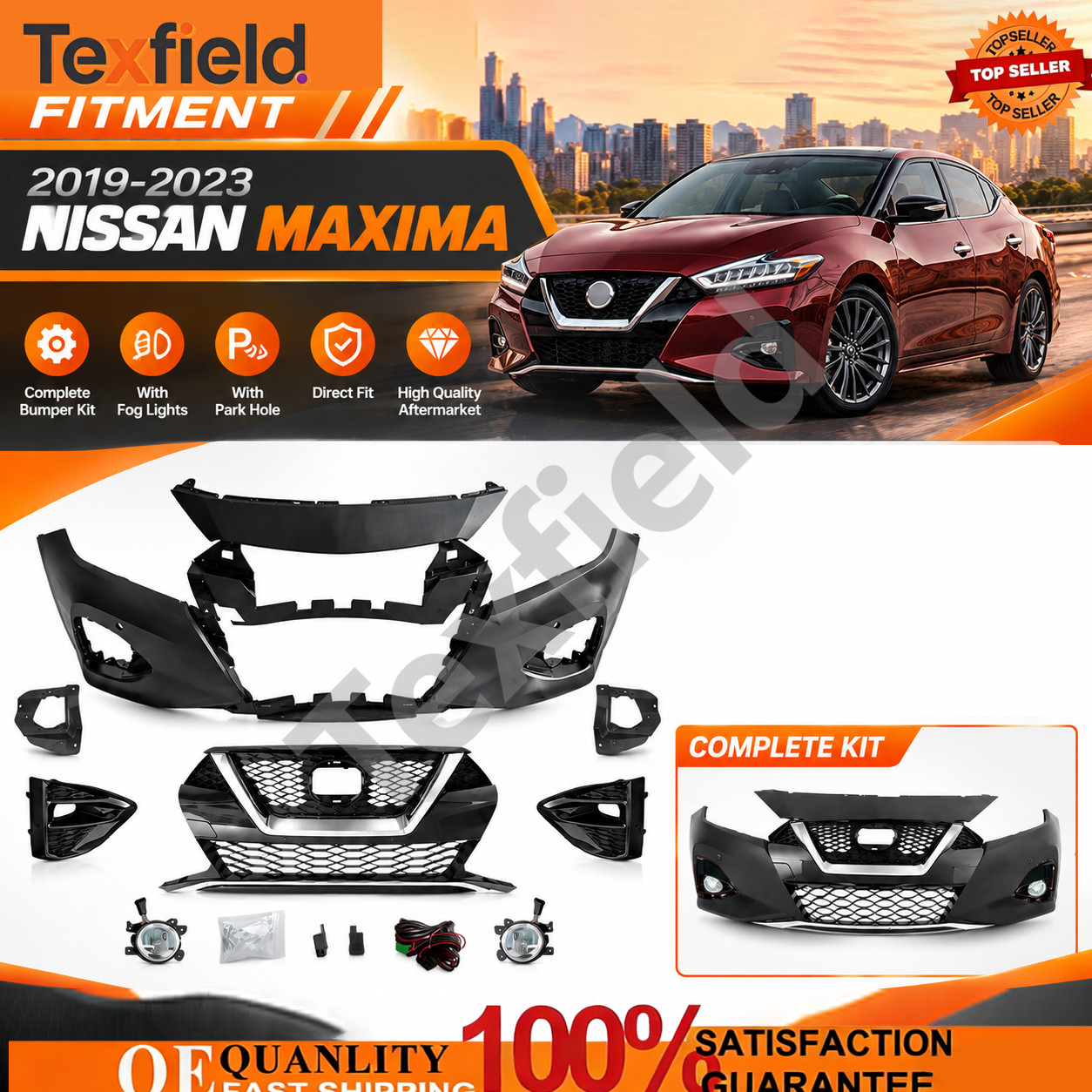 Complete Front Bumper Cover Kit W/ Fog Fit 2019-2023 Nissan Maxima W/ Park Hole