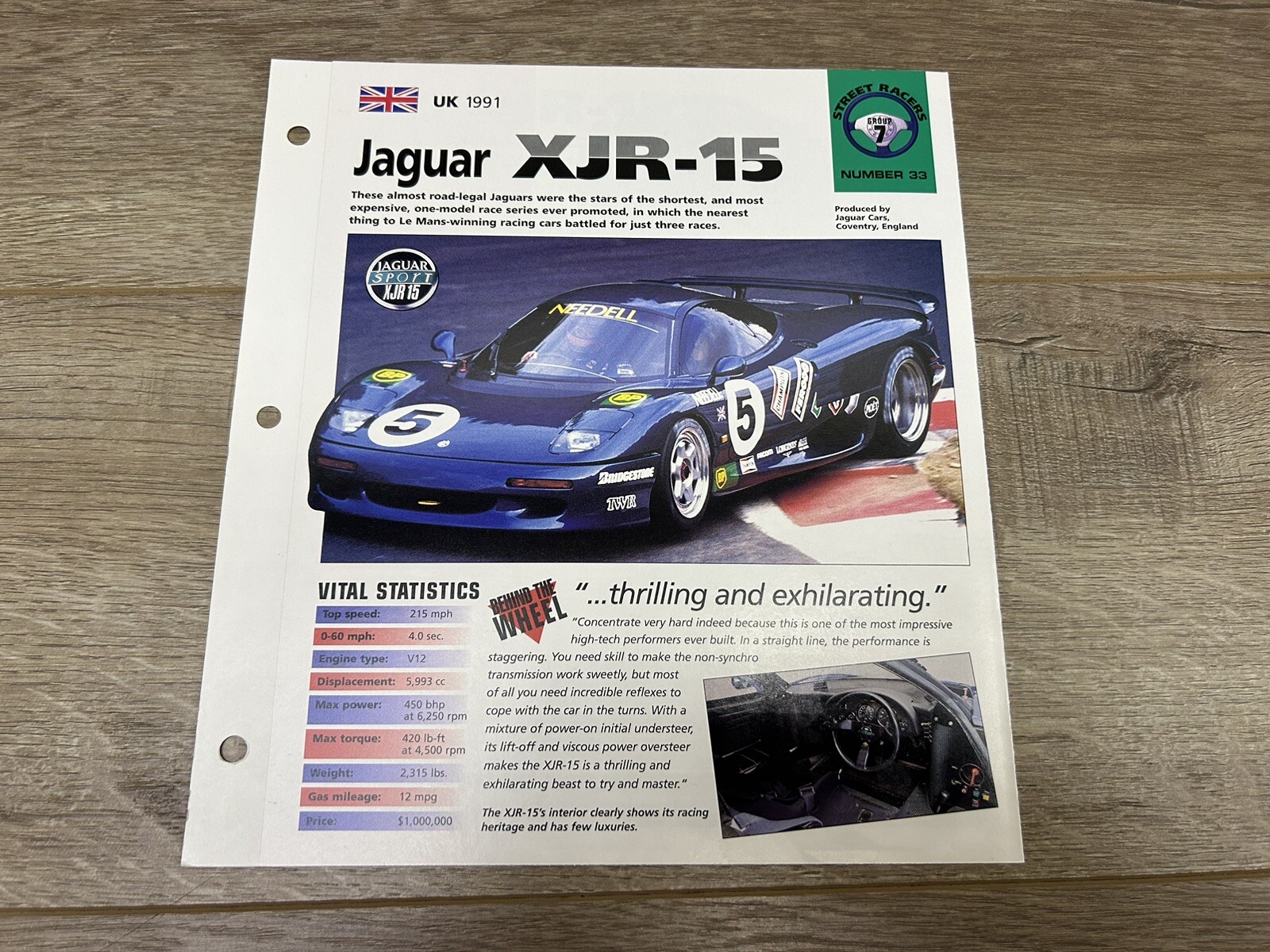 Hot Cars Street Racers Jaguar XJR-15 #33 Folder Brochure Spec Sheet Hot Cars Street Racers Jaguar XJR-15 #33 Folder Brochure Spec Sheet