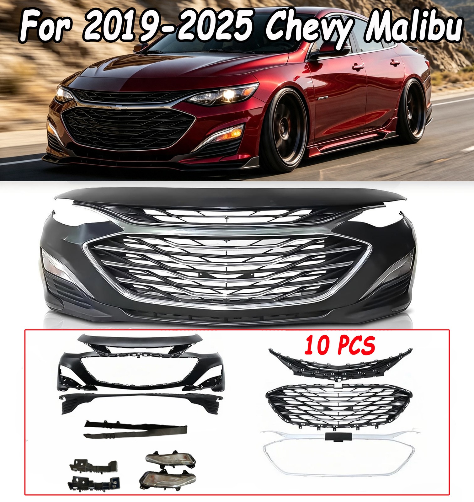 For 2019-2025 Chevy Malibu Front Bumper Cover Upper & Lower Grille Fog Light Kit