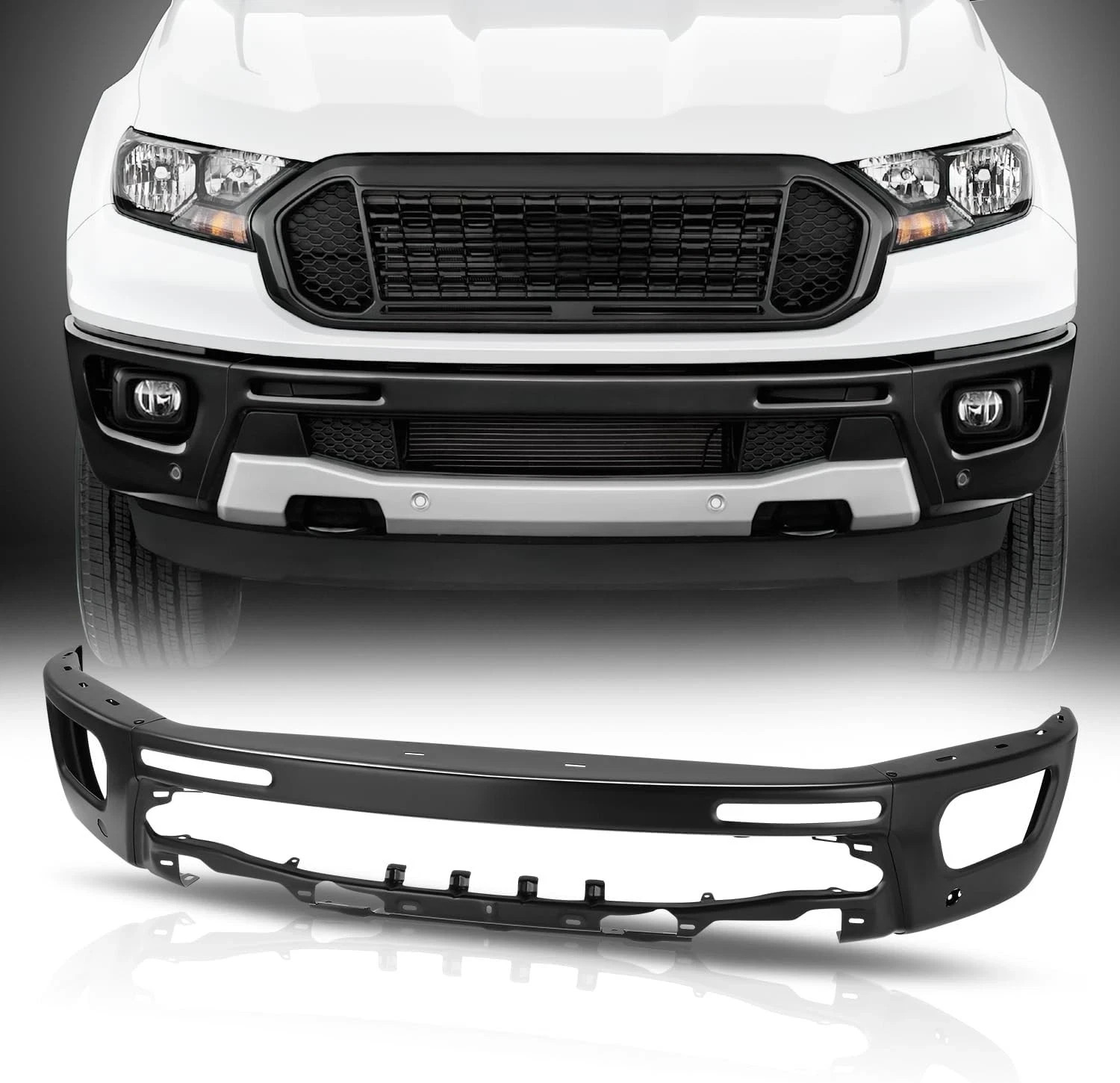 Black Steel Front Bumper Face Bar For 2019-2023 Ford Ranger W/Sensor Holes