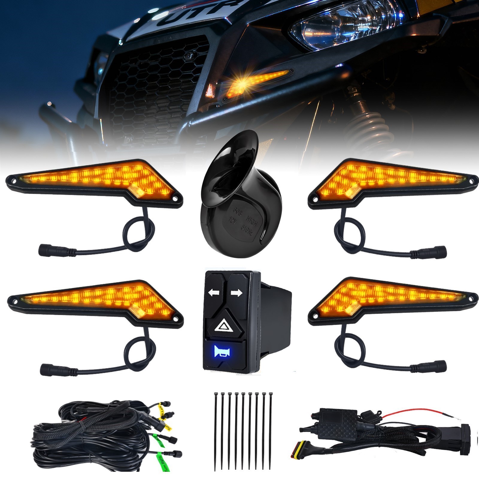 UTV Turn Signal Kit with Upgrade 4-in-1 Rocker Switch and Triangular Amber Light UTV Turn Signal Kit with Upgrade 4-in-1 Rocker Switch and Triangular Amber Light