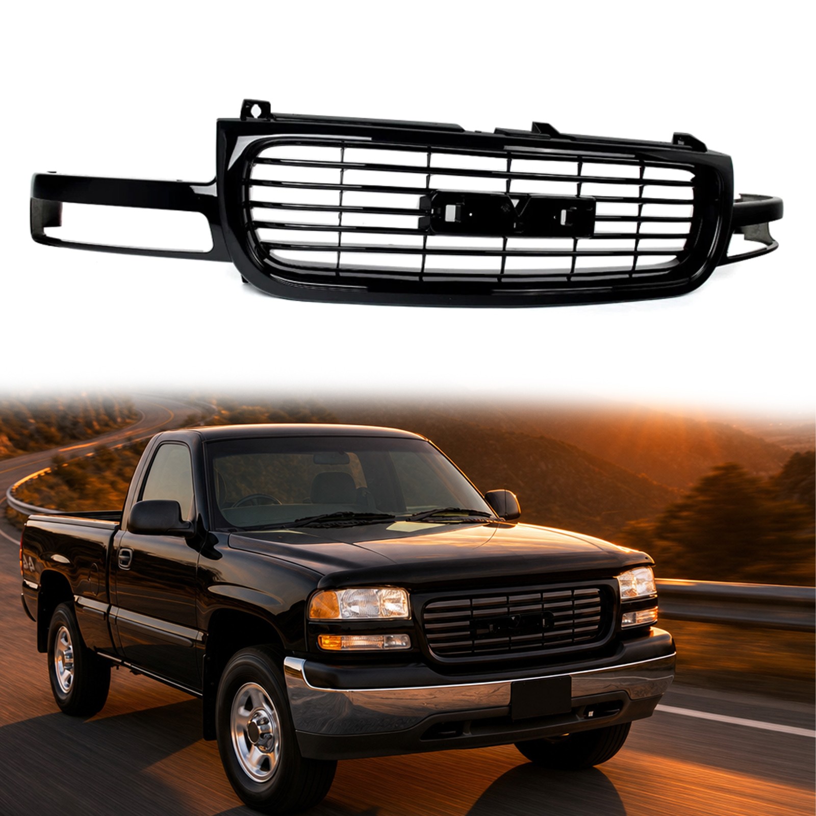 Front Upper Grill Grille  Gloss Black Fit For 1999-2002 GMC Sierra 1500 2500