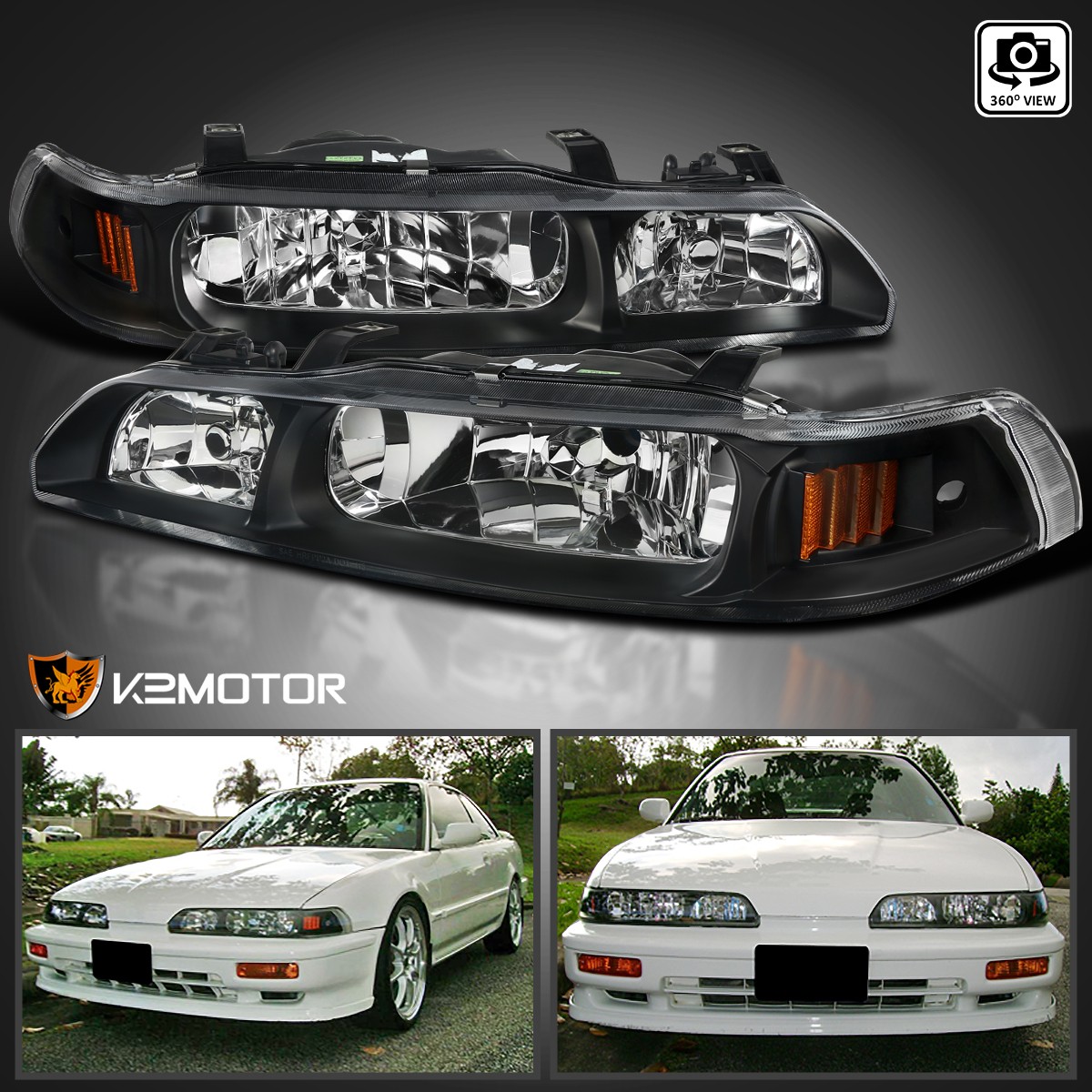 Fits 1990-1993 Acura Integra Black 1PC Style Headlights Corner Lamps Left+Right