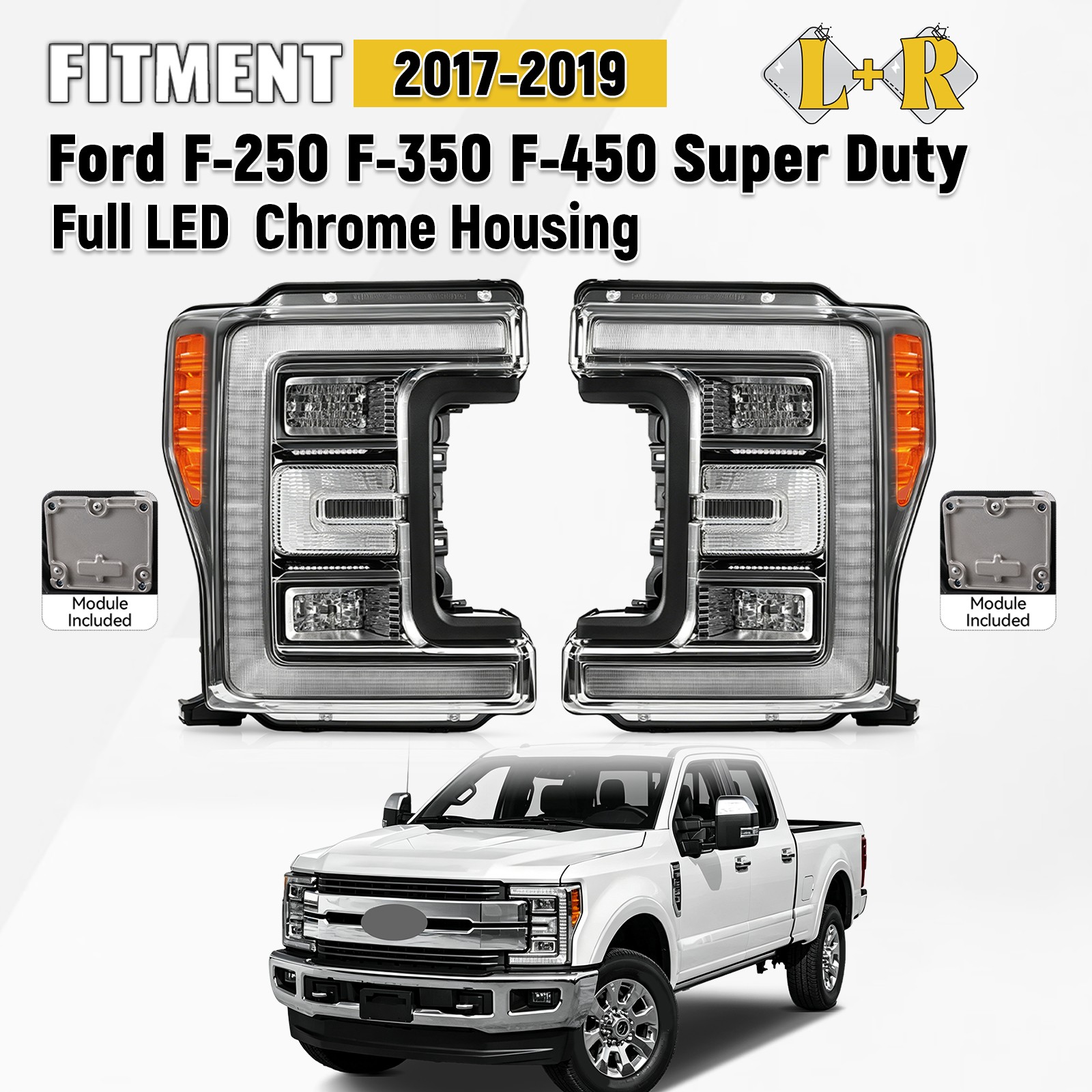 For 2017-2019 Ford F-250 350 450 Super Duty Chrome LED Headlight W/Module Pair