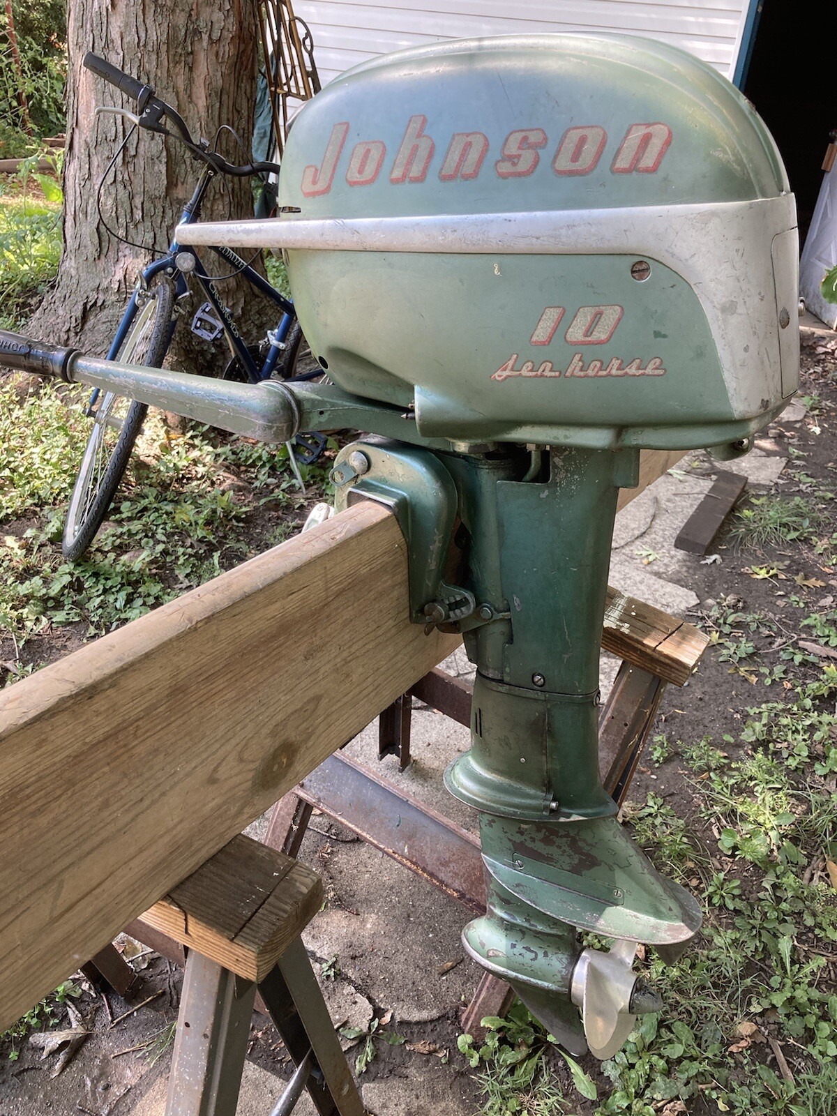 Vintage 1951-10 HP Johnson Sea Horse QD-12 Outboard Motor With 6 gallon Gas Can Vintage 1951-10 HP Johnson Sea Horse QD-12 Outboard Motor With 6 gallon Gas Can