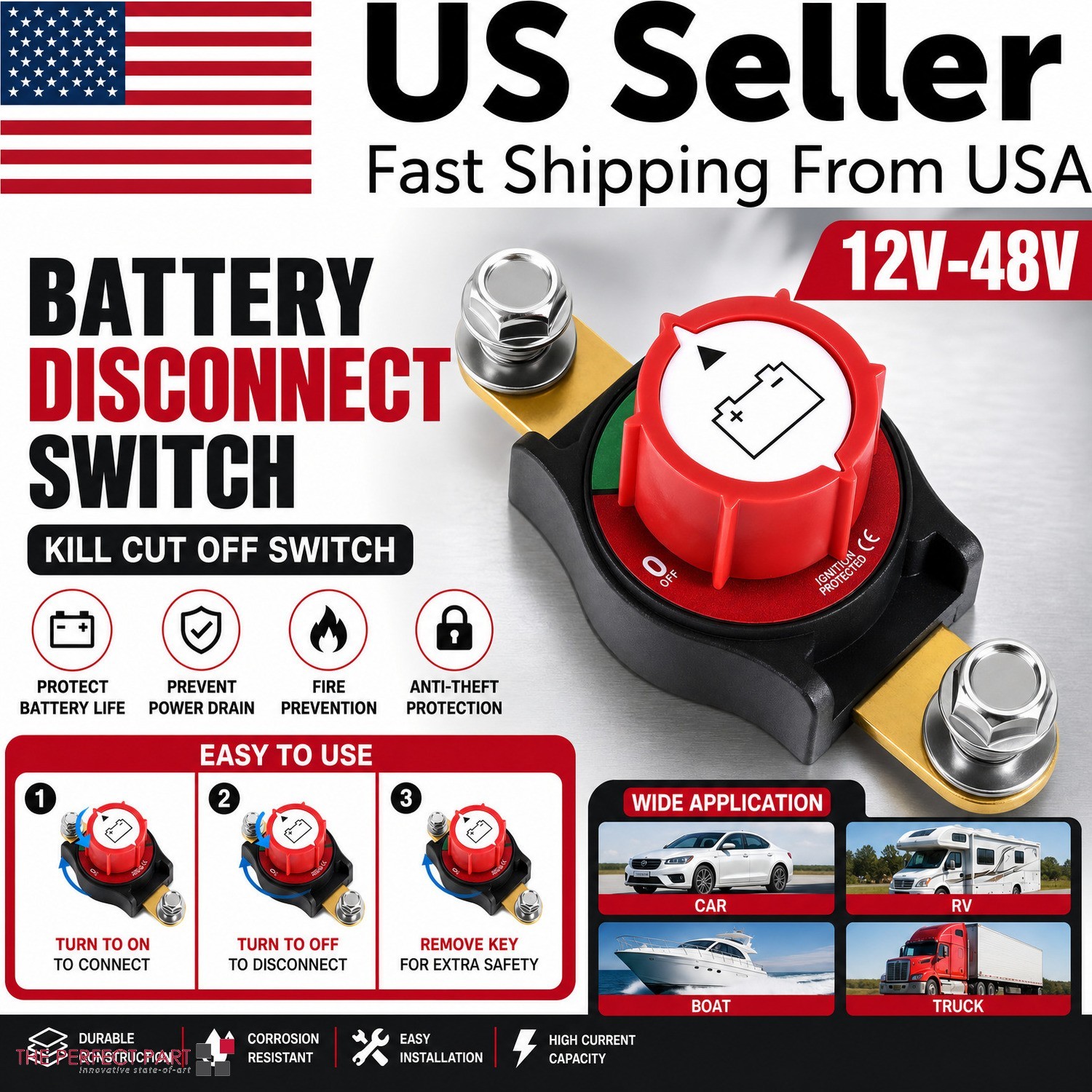 Battery Disconnect Switch Side Post 12V-48V Kill Cut Off Switch For Car RV Boat Battery Disconnect Switch Side Post 12V-48V Kill Cut Off Switch For Car RV Boat