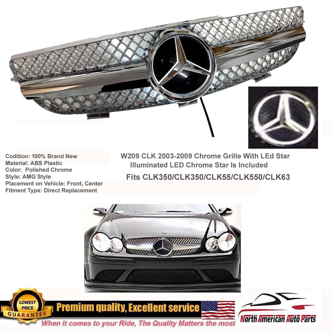 W209 03-09 CLK All-Chrome Illuminated LED Grille Style CLK320 CLK55 CLK500 CLK W209 03-09 CLK All-Chrome Illuminated LED Grille Style CLK320 CLK55 CLK500 CLK