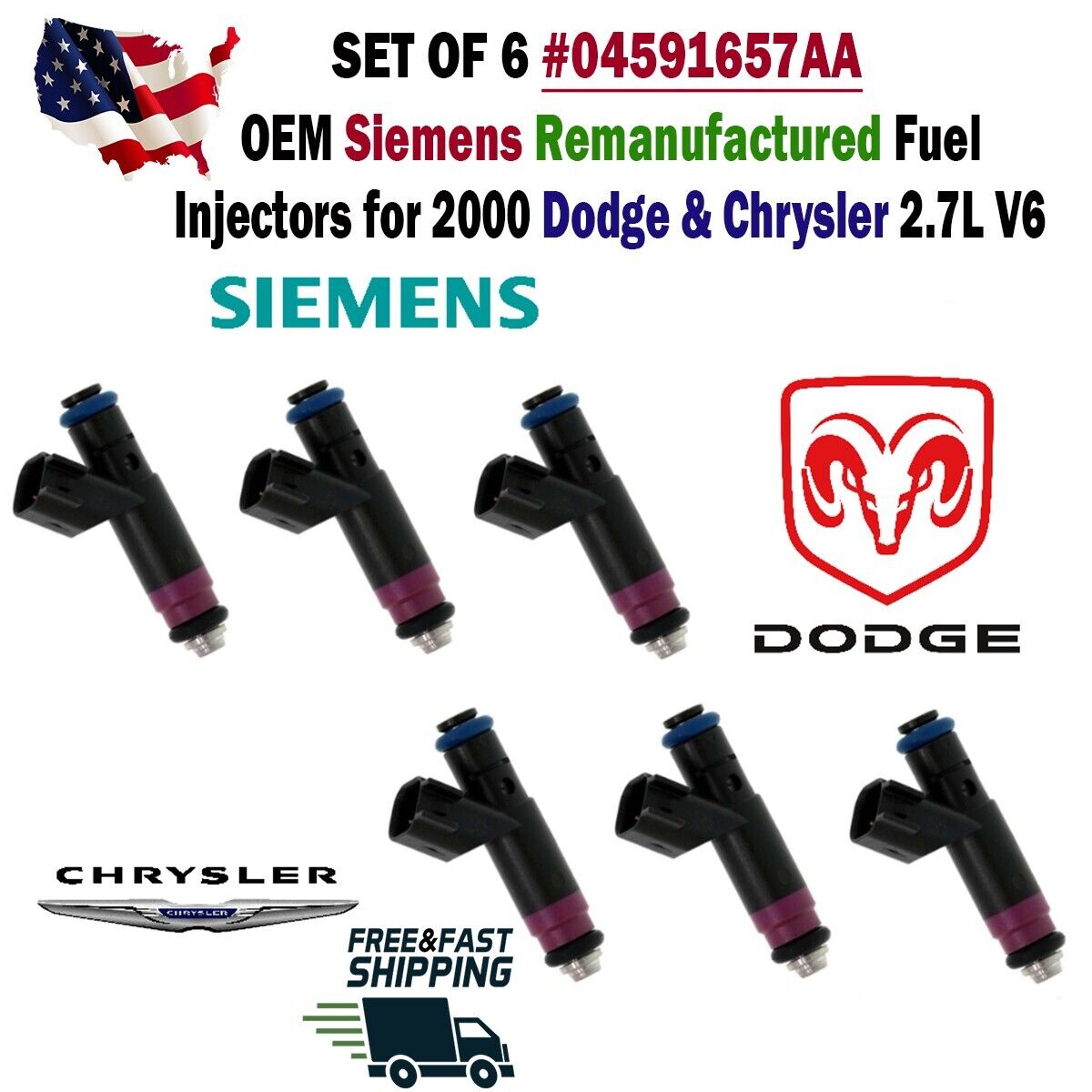 OEM Siemens x6 Fuel Injectors for 2000 Dodge & Chrysler 2.7L V6 #04591657AA