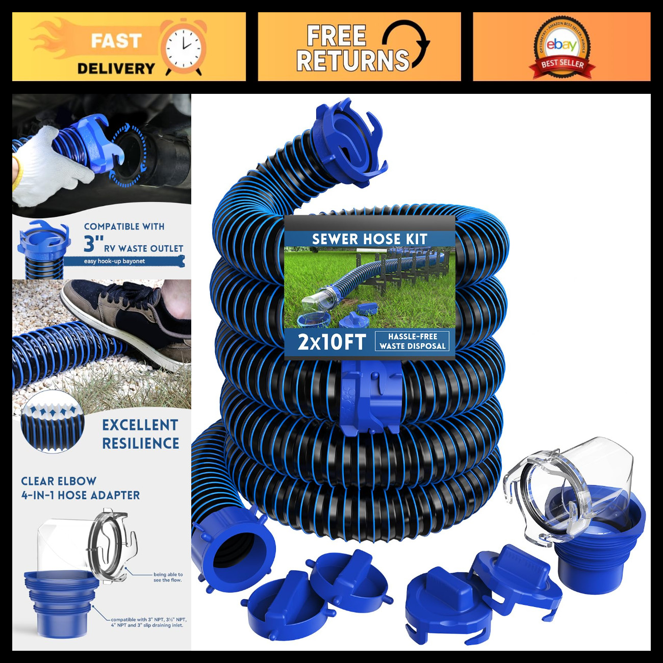 Heavy-Duty RV Sewer Hose Kit - 2 x 10 Ft Waste Drainage Hoses with Connectors