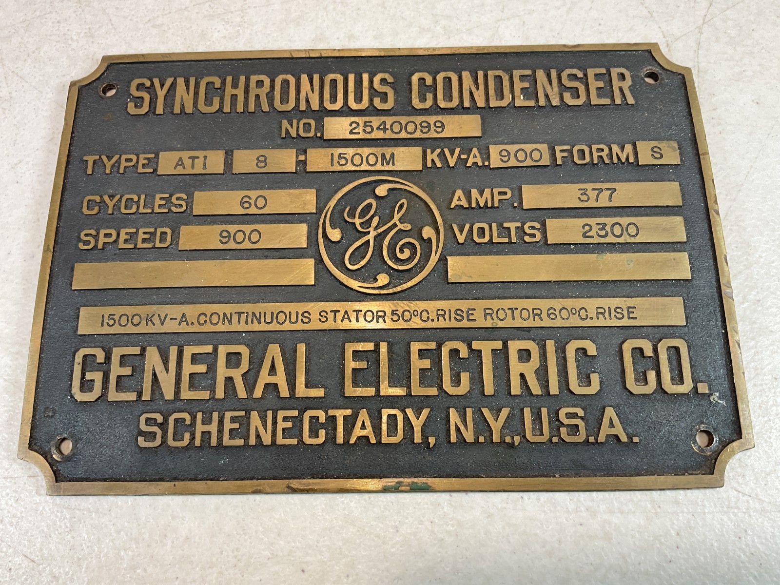 Vintage General Electric Synchronus Condenser Brass Plaque Vintage General Electric Synchronus Condenser Brass Plaque