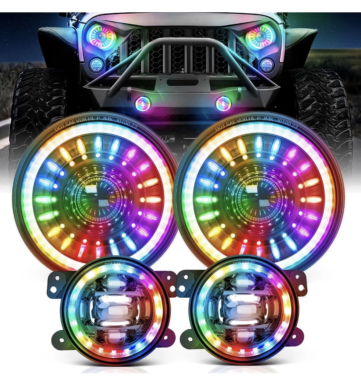 MICTUNING J1 RGB+IC 7-inch LED Headlights w/Fog Light Assembly for Jeep Wrangler