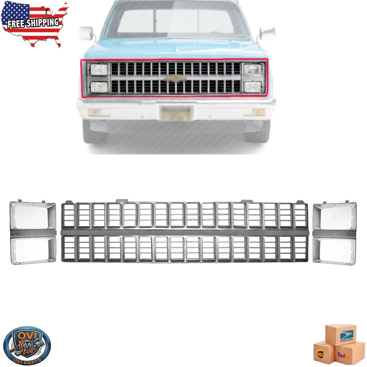 For 1981-1982 Chevrolet C10/C20/C30 Pickup Front Grille And Headlamp Door 3Pc