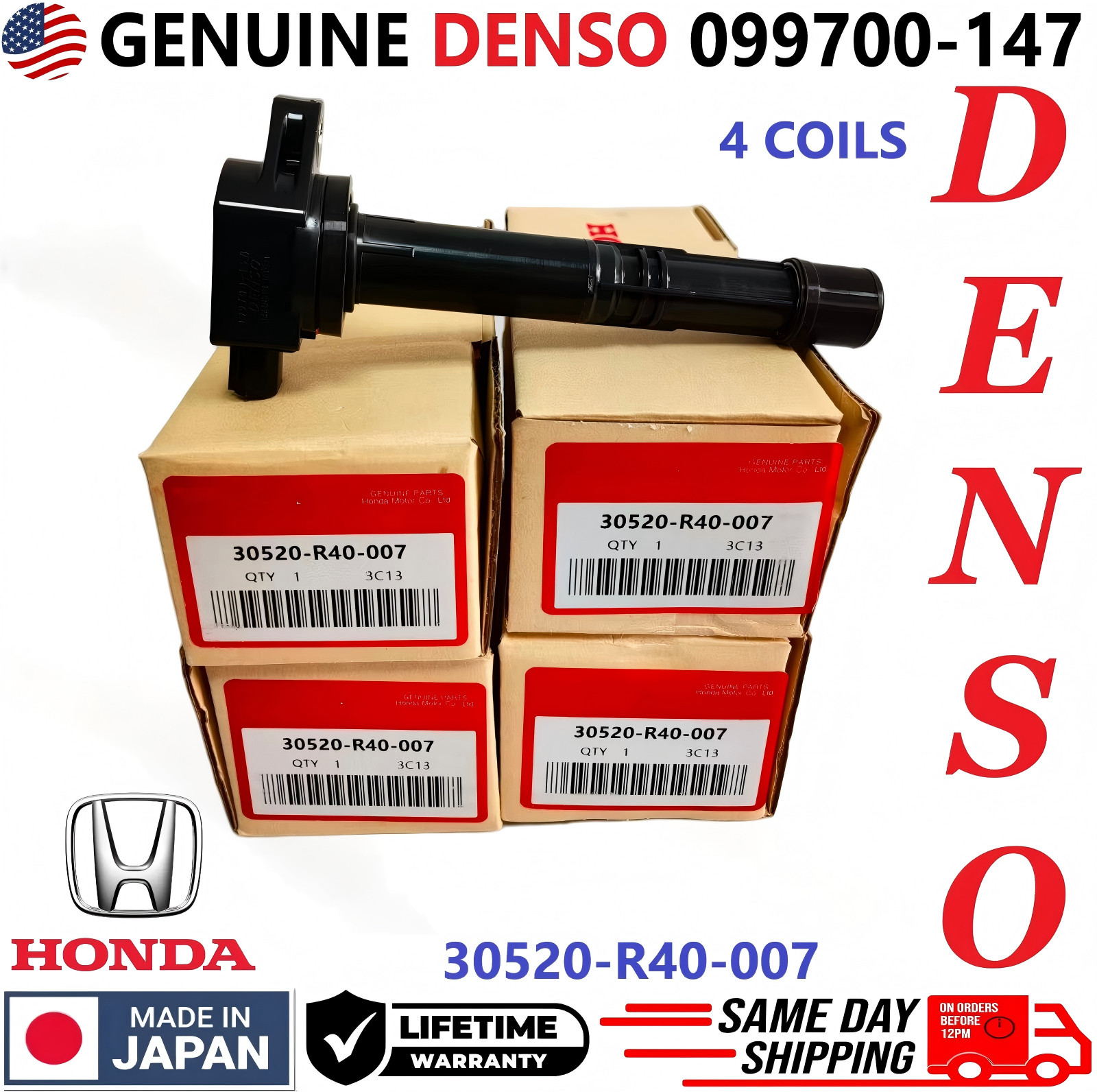 4X GENUINE DENSO Ignition Coils For  Honda Accord CRV  Acura 2.4L I4, 099700-147