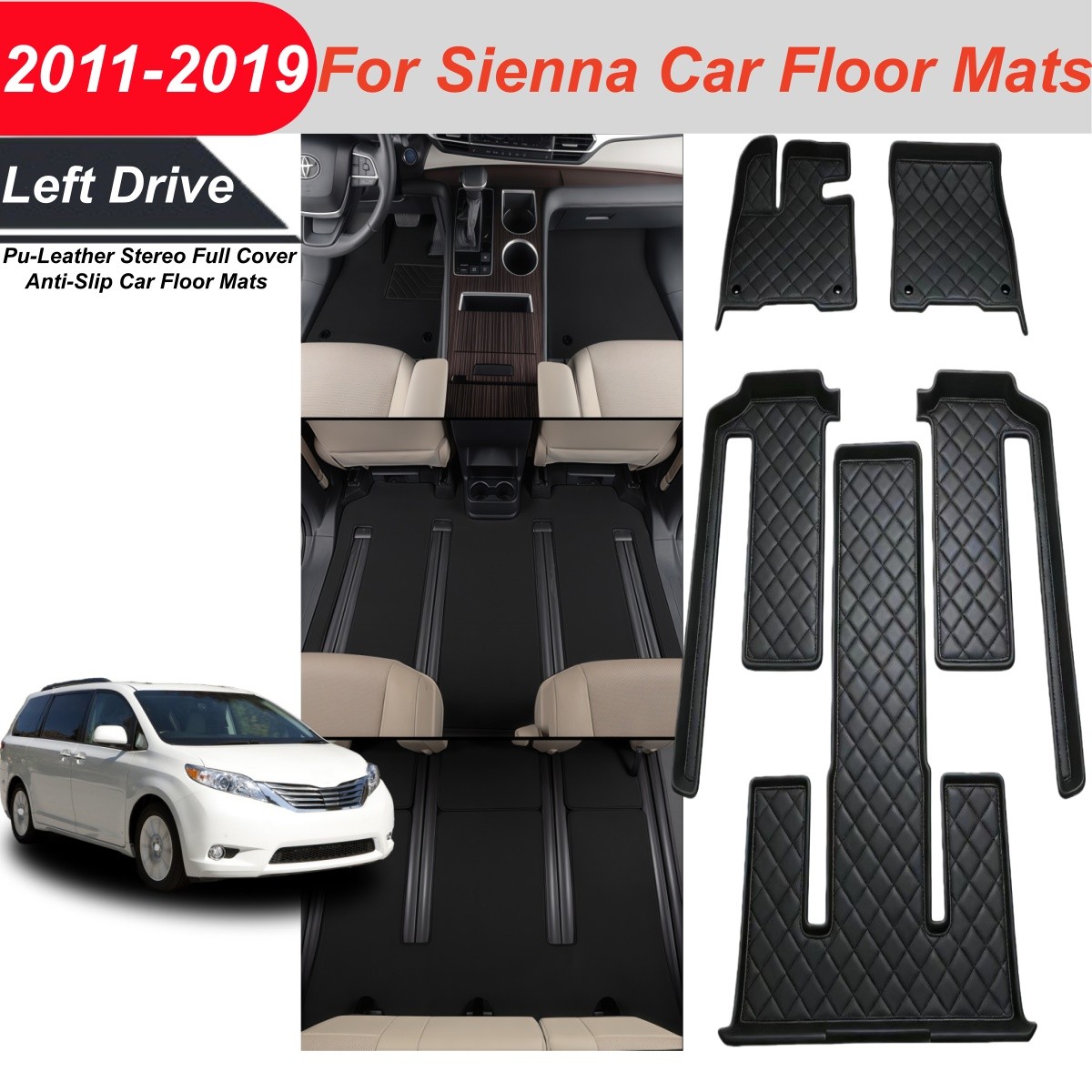 Toyota Sienna 5Pcs Black PU Leather Car Floor Mats & Trunk Mats Set Toyota Sienna 5Pcs Black PU Leather Car Floor Mats & Trunk Mats Set