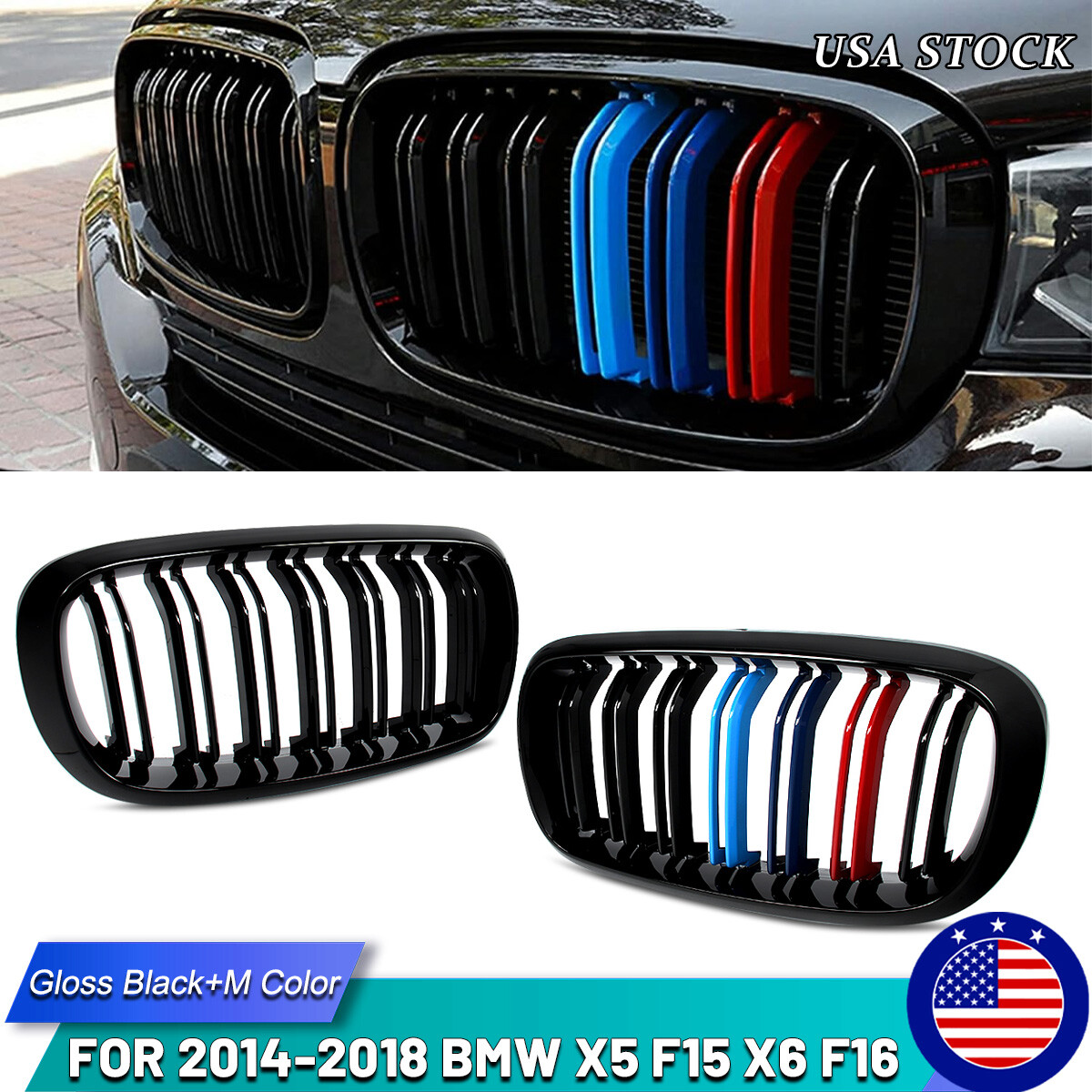 Gloss Black M Color Front Kidney Grille For BMW X5 F15 X6 F16 14-18 Double Slat
