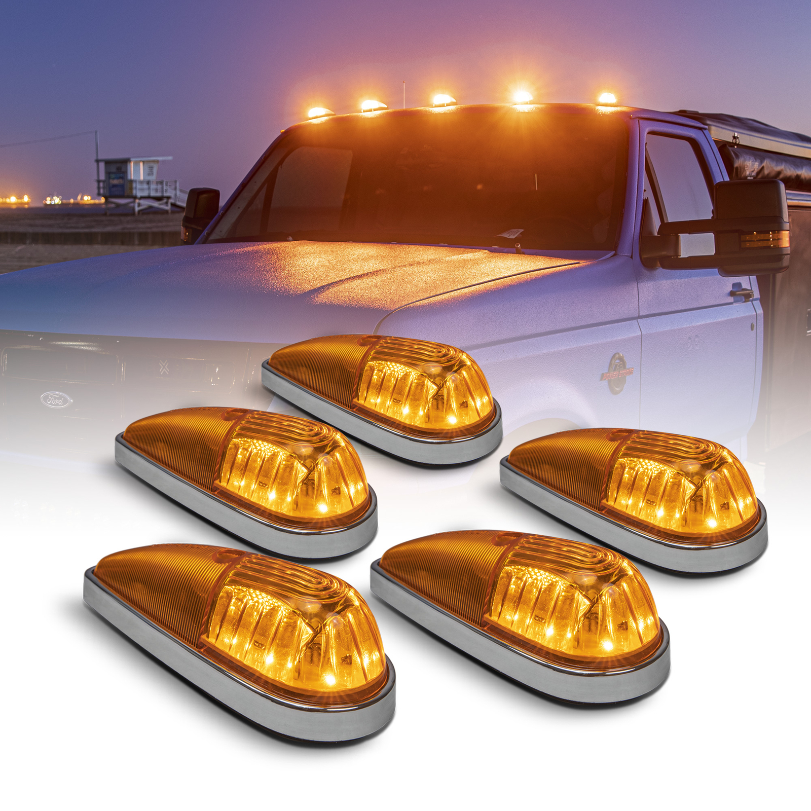 DOT Amber LED Teardrop Cab Roof Marker Lights for Ford Chevy Dodge Ram Truck Van