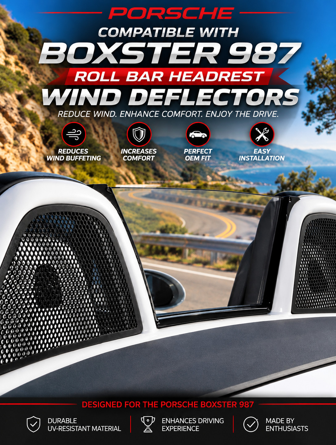 Porsche Boxster 987 Compatible Roll Bar Headrest Wind Deflectors – Left & Right 
