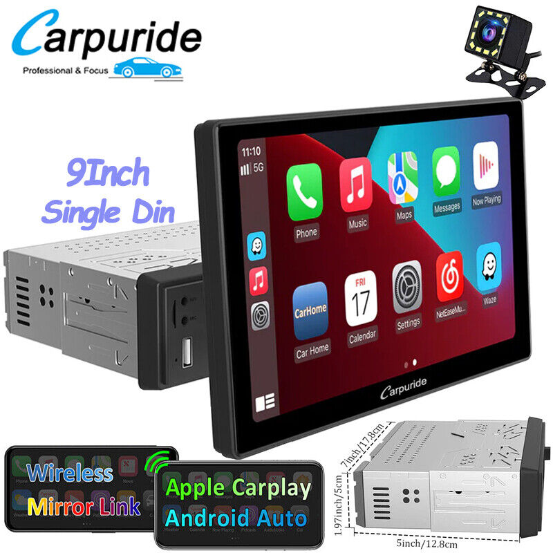 CARPURIDE Single Din 9 Inch Car Stereo 1 Din Wireless Apple Carplay Android Auto