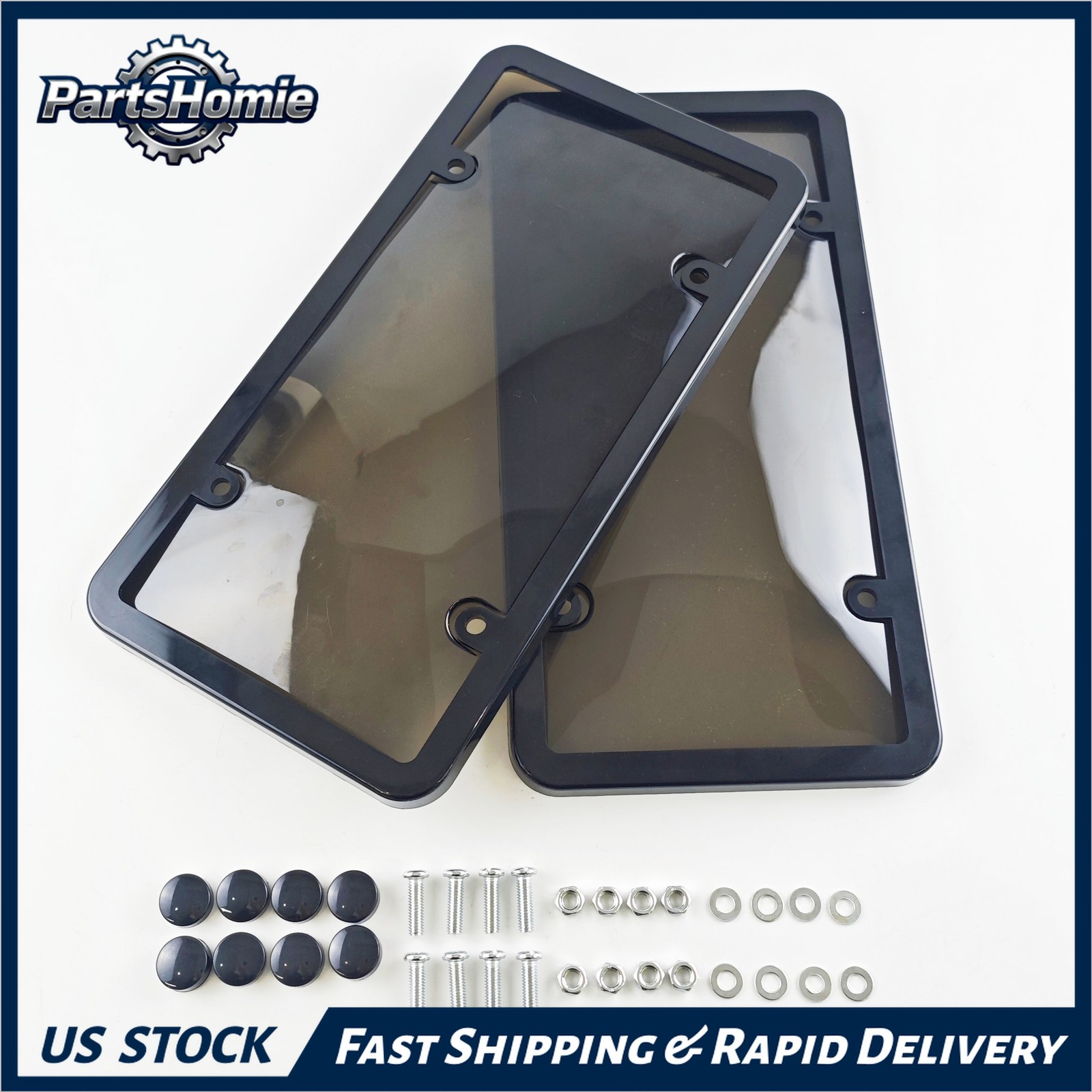2Pcs Black License Plate Frames with Dark Gray Cover - Standard Size w/ Hardware