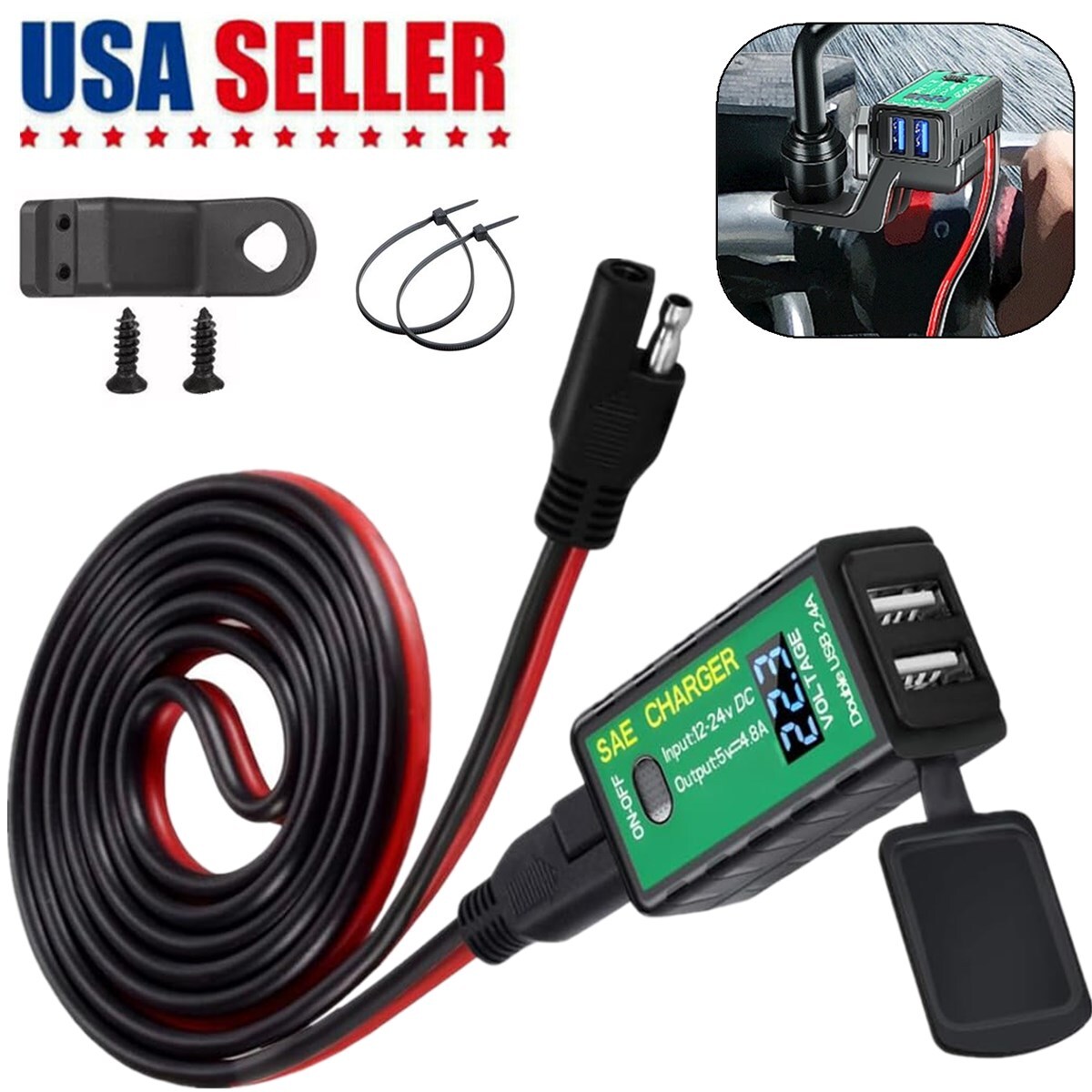 Waterproof Motorcycle SAE to Dual USB Charger DC Port Voltmeter Adapter ATV UTV