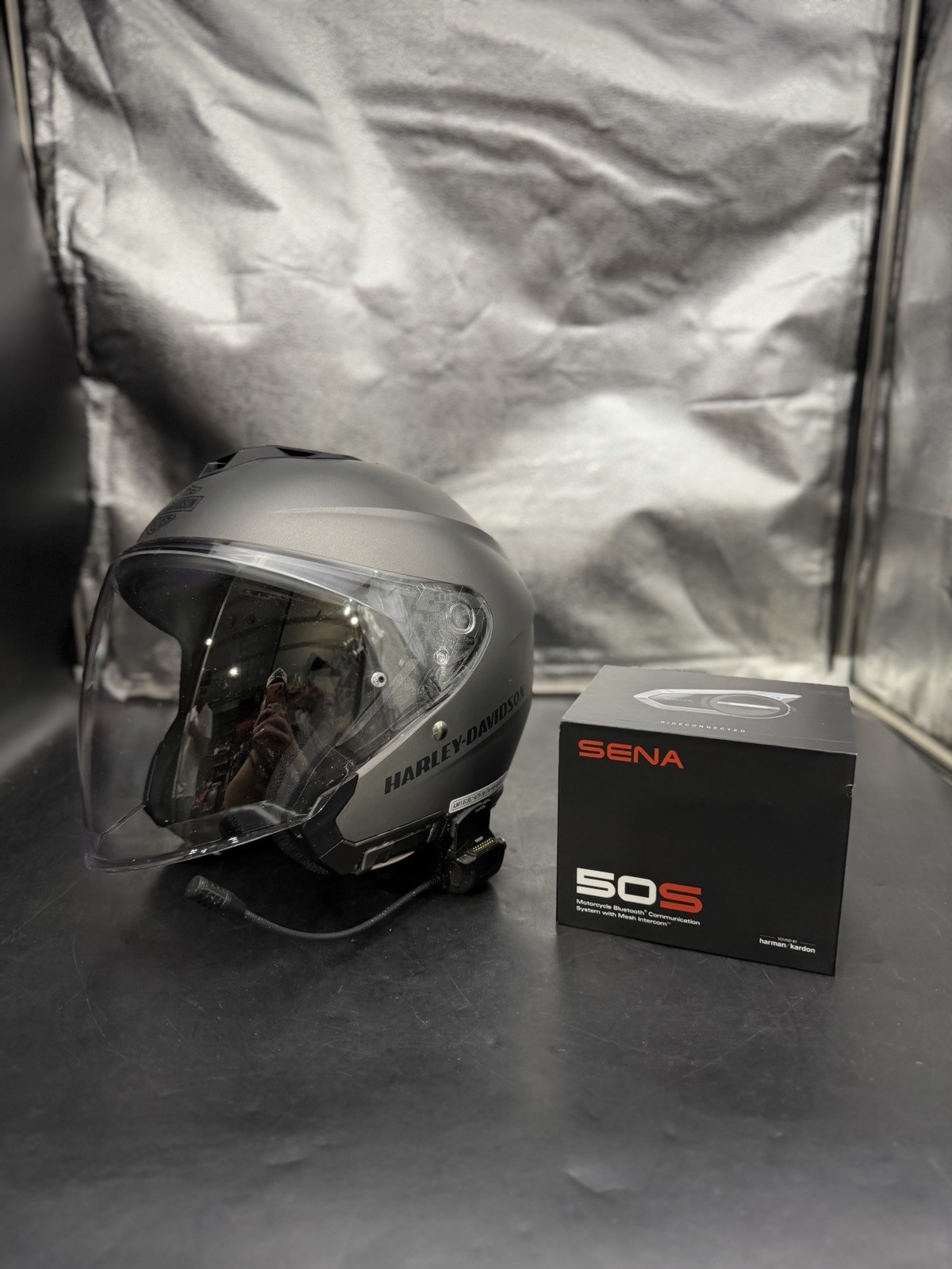 Harley Davidson Maywood Sun Shield, M Silver H27 3/4 Helmet w/ SENA 50S MIC