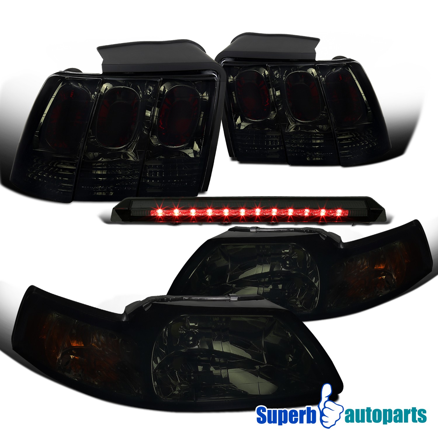 Fit 1999-2004 Ford Mustang V6 GT Headlights+Tail Lights+LED 3rd Brake Lamp Smoke Fit 1999-2004 Ford Mustang V6 GT Headlights+Tail Lights+LED 3rd Brake Lamp Smoke