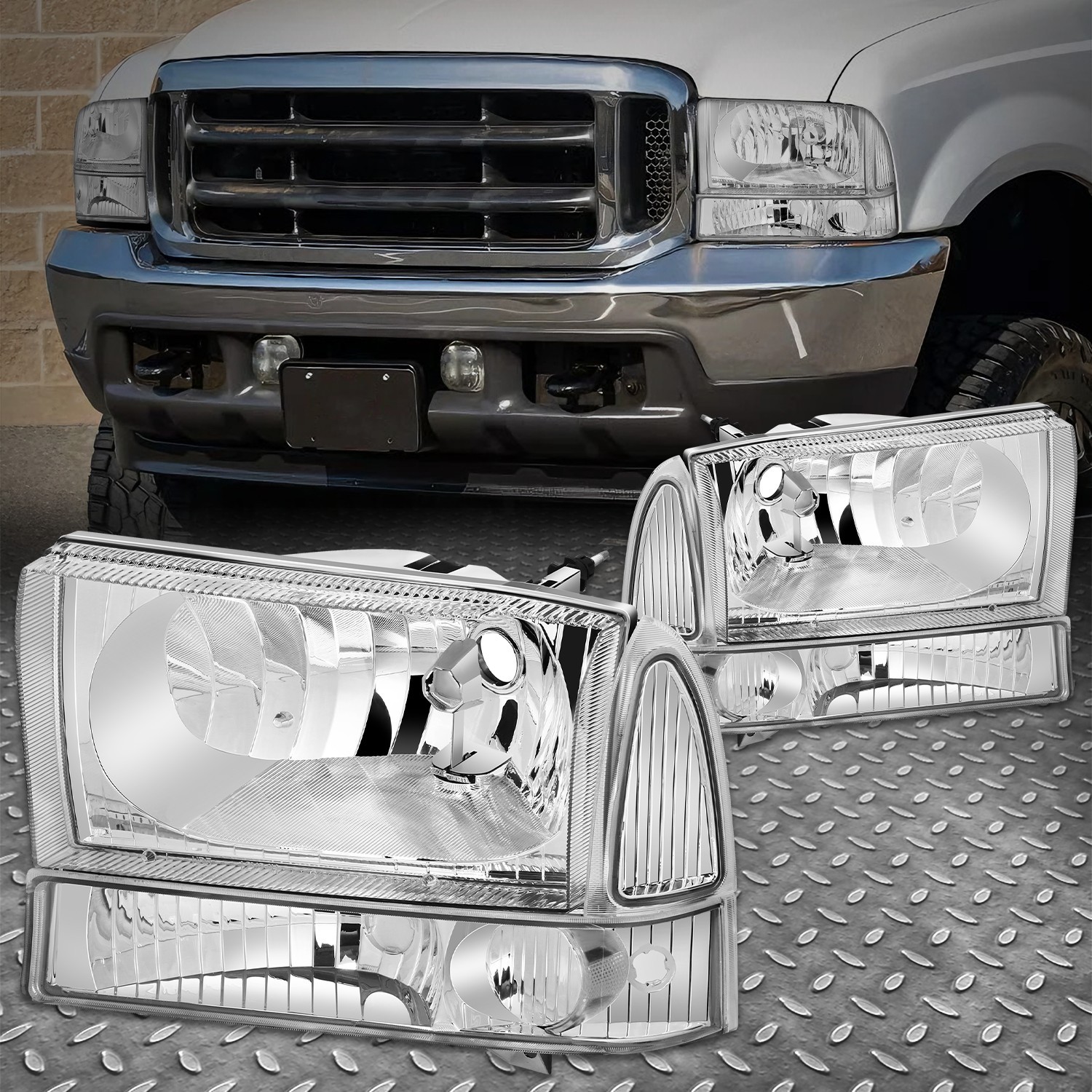 FOR 99-04 FORD F250 F350 SUPER DUTY CHROME HOUSING CLEAR CORNER HEADLIGHT LAMPS FOR 99-04 FORD F250 F350 SUPER DUTY CHROME HOUSING CLEAR CORNER HEADLIGHT LAMPS