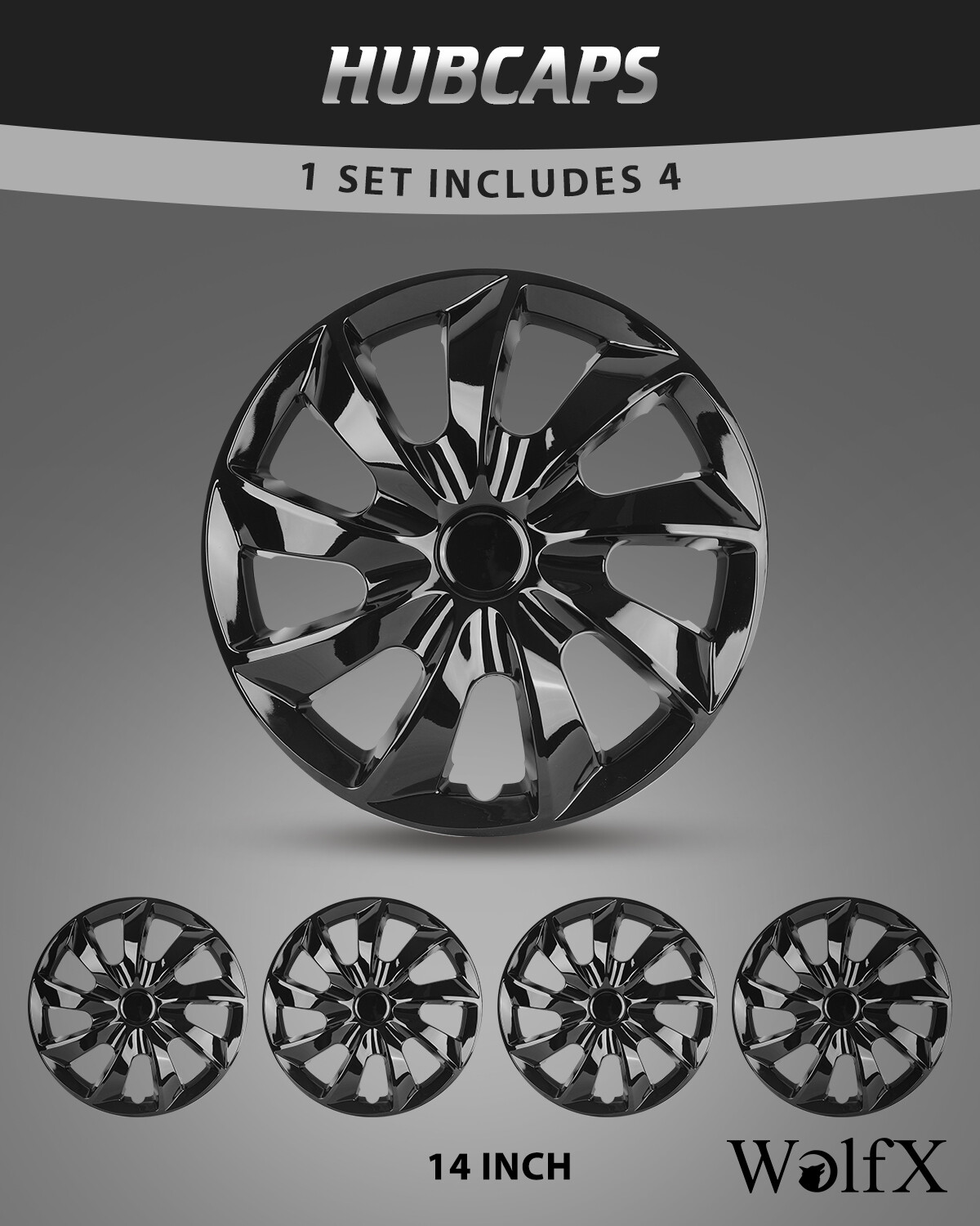 14 inch Set of 4 Black Wheel Covers Snap On Full Hub Caps For R14 Tire Steel Rim