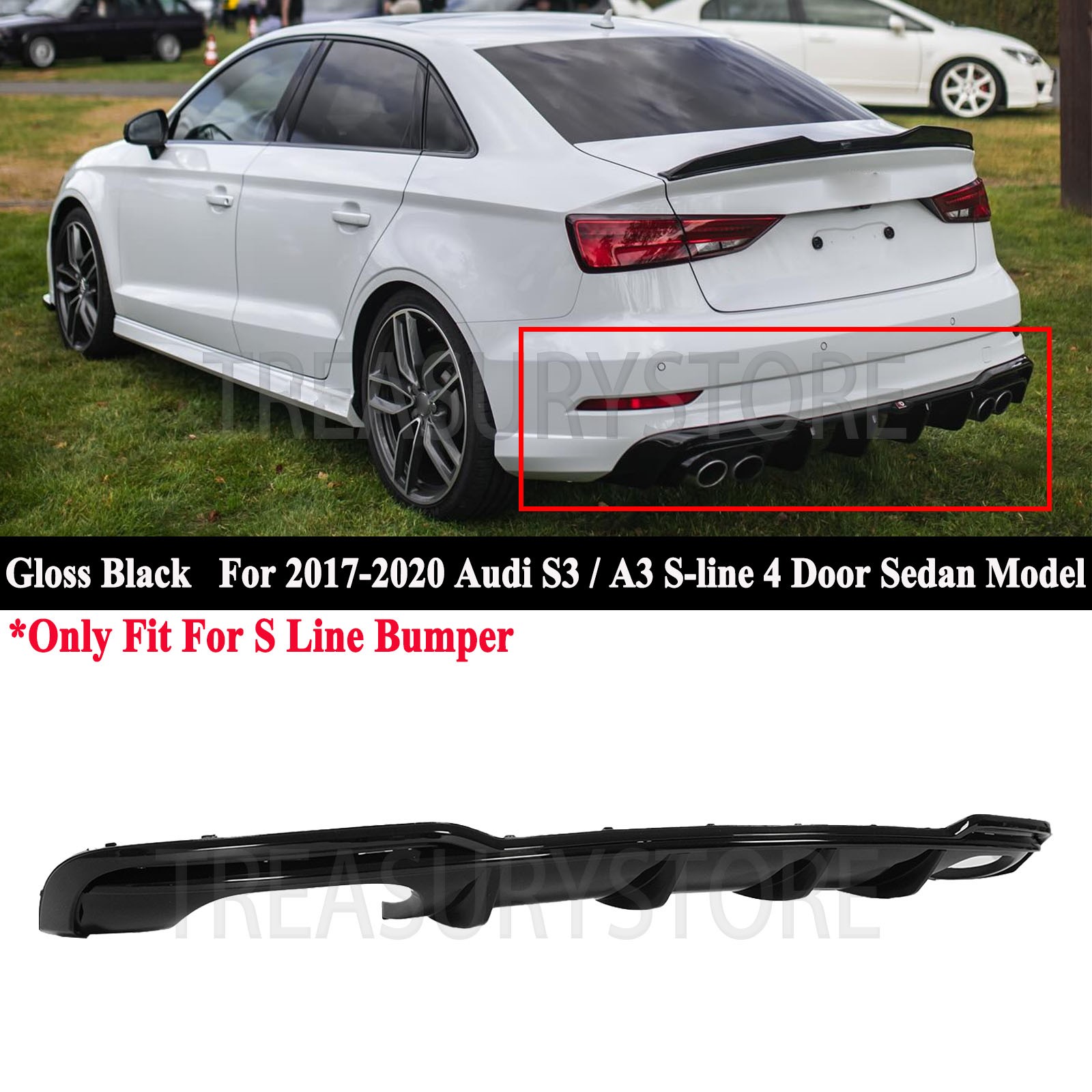 For Audi S3 A3 SLINE RS3 2017-2020 Gloss Black Rear Bumper Diffuser Lip Spoiler