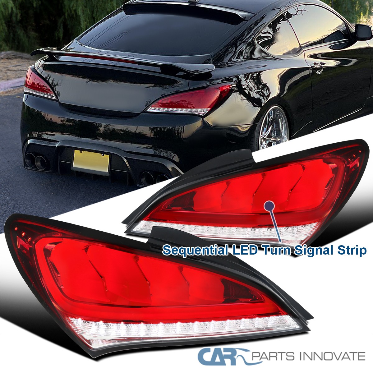 Fits 2010-2016 Hyundai Genesis Coupe Red Full LED Tail Lights Sequential Signal