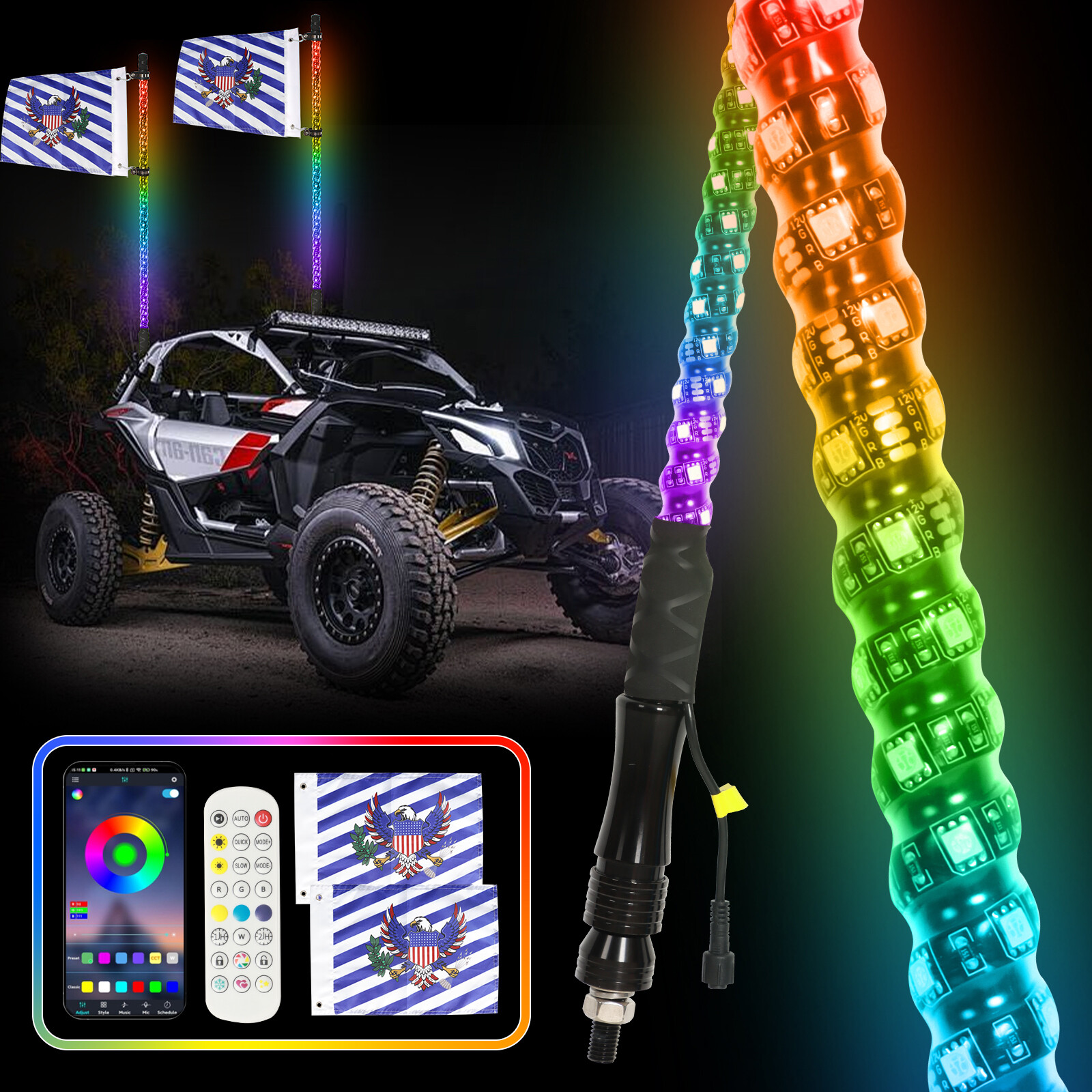 Pair 4FT RGB LED Whip Lights Spiral Antenna W/Flag & Remote APP For UTV ATV RZR Pair 4FT RGB LED Whip Lights Spiral Antenna W/Flag & Remote APP For UTV ATV RZR