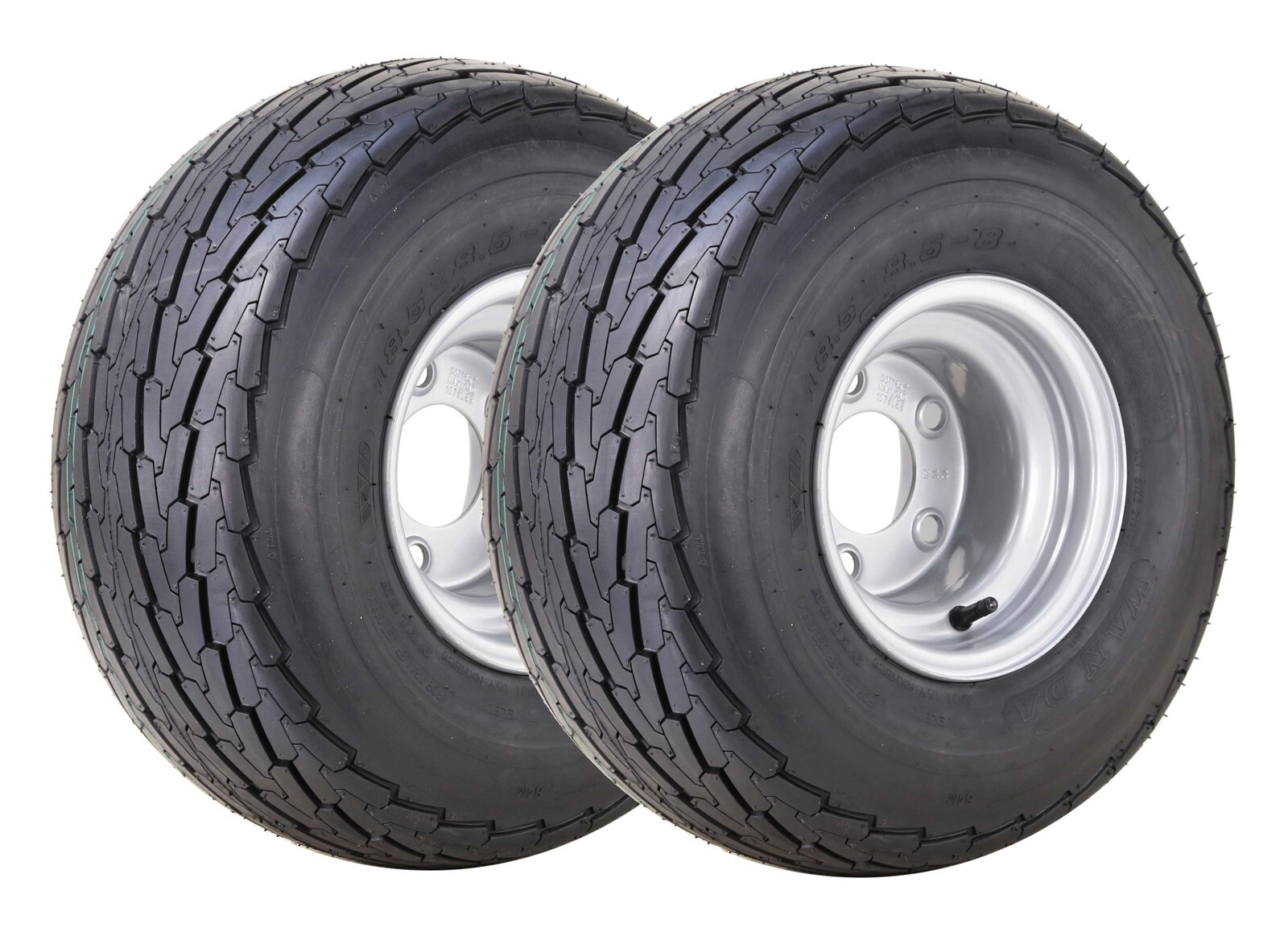 2 Wanda Trailer Tire Assembly 18.5x8.5-8 8-Ply Silver Rim 5 Lugs on 4.5 2 Wanda Trailer Tire Assembly 18.5x8.5-8 8-Ply Silver Rim 5 Lugs on 4.5