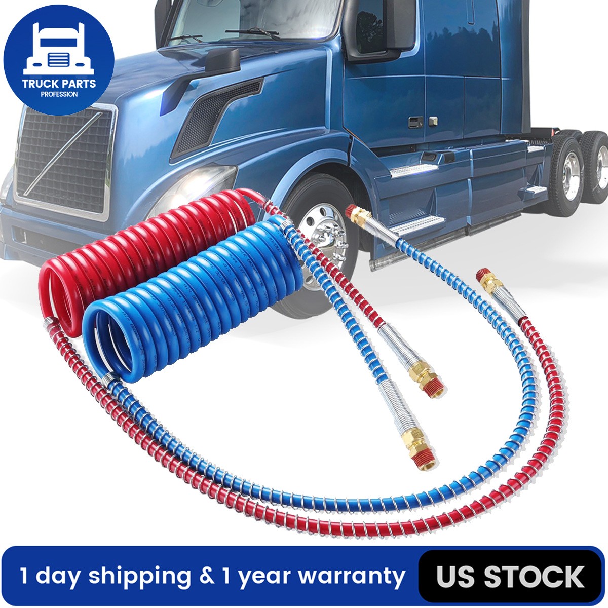 15\' Red And Blue Coil Coiled Air Line Hose Assembly Trailer Brake -1/2\ 15\' Red And Blue Coil Coiled Air Line Hose Assembly Trailer Brake -1/2\