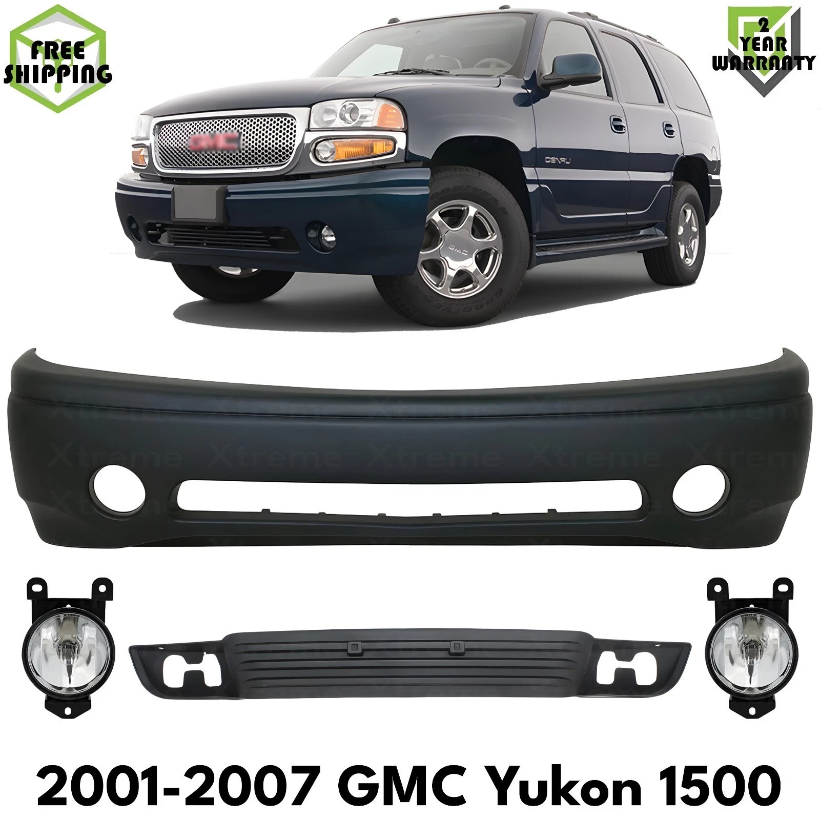 Front Bumper Cover Primed Plastic & Fog Lights Kit For 2001-2007 GMC Yukon 1500